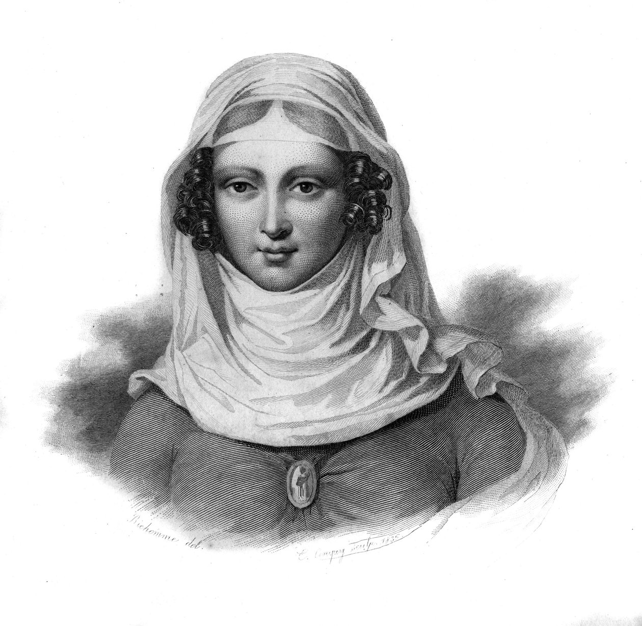 Portræt af Clemence Isaure, Toulouse-dame, der ville have levet i det 14. århundrede i "Portrætter og historie af nyttige mænd: mænd og kvinder i alle lande og alle forhold, der erhvervede rettighederne til anerkendelse af mænd" udgivet og udbredt b. af Anonymous Anonymous