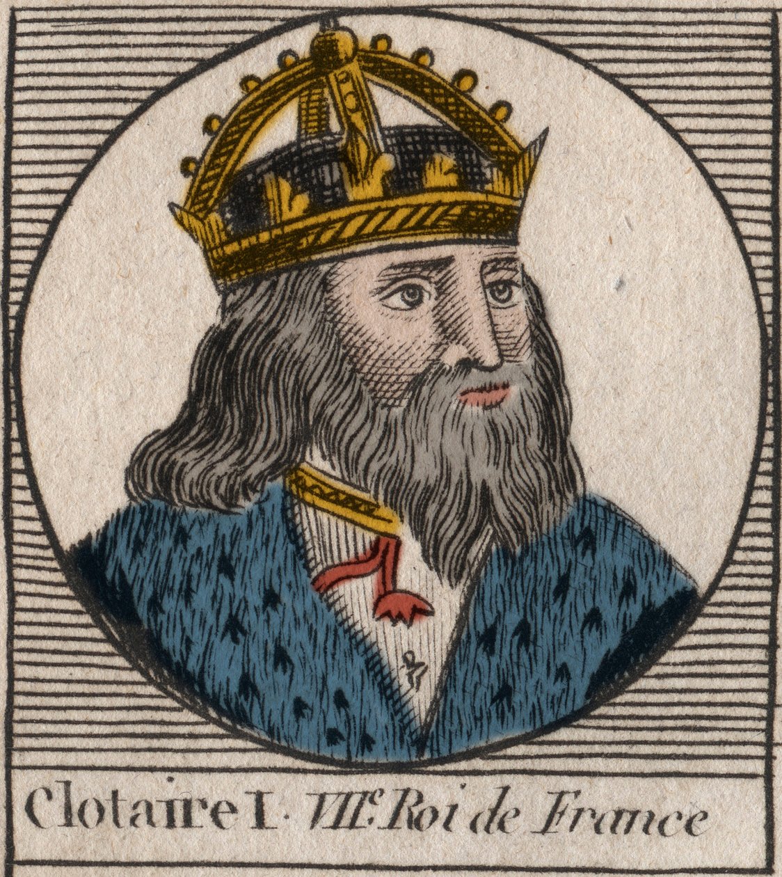 Portræt af Clothaire I (497 - 561), konge af Neustrien og konge af frankerne - Clothar I, konge af frankerne - gravering fra "Instruction sur l