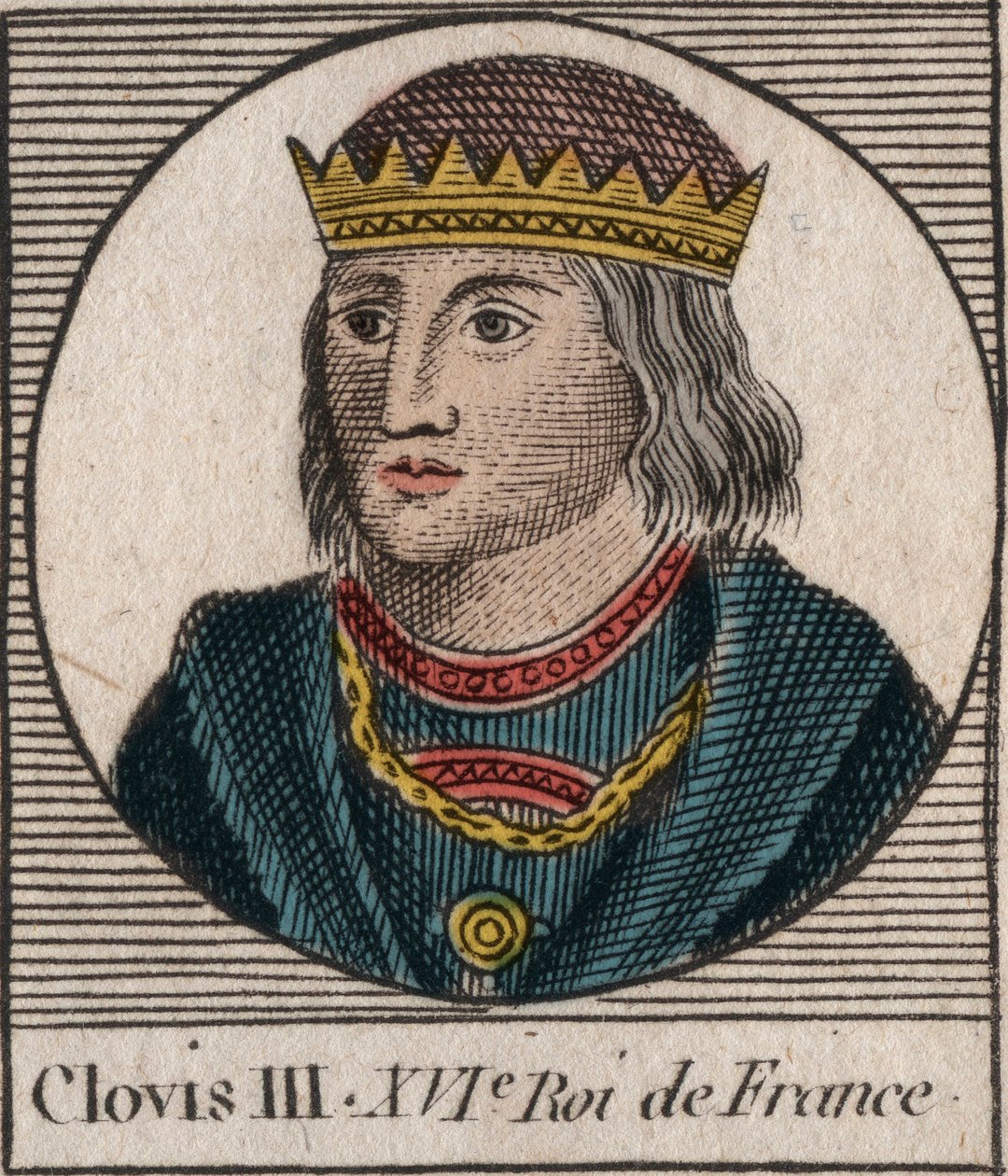 Portræt af Clovis III, frankernes konge fra 691 til 695 - CLOVIS III Merovingerkonge af Neustrien og Austrasia - gravering fra "Instruction sur l