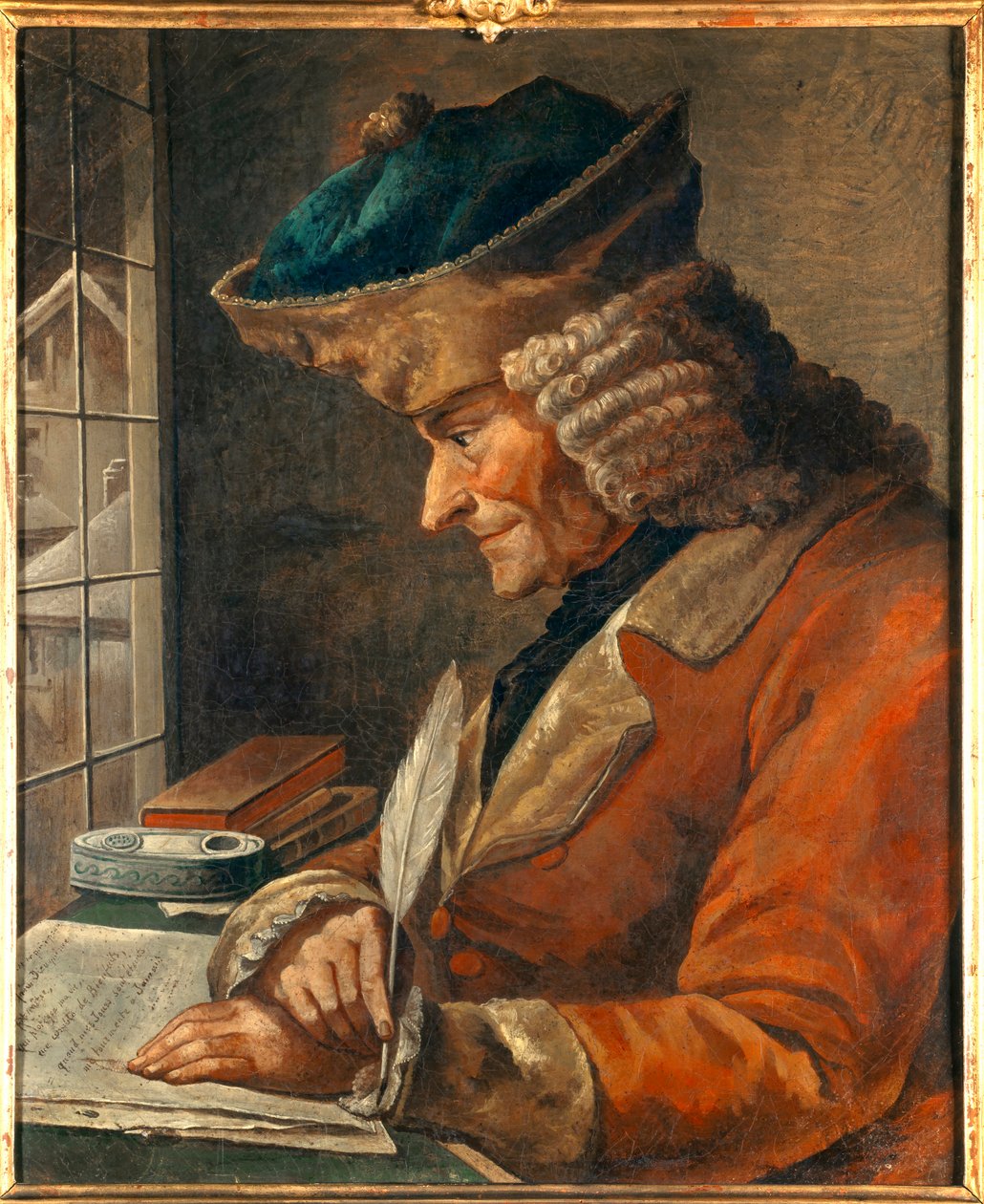 Portræt af Francois Marie Arouet Voltaire (1694-1778) i hans arbejdsskab Maleri fra det 18. århundrede. Svag. 0,43 x 0,35 m Paris, musee Carnavalet - Portræt af Francois Marie Arouet Voltaire (1694-1778) i hans arbejdsværelse. 18. centers maleri. 0,43 x 0, af Anonymous Anonymous