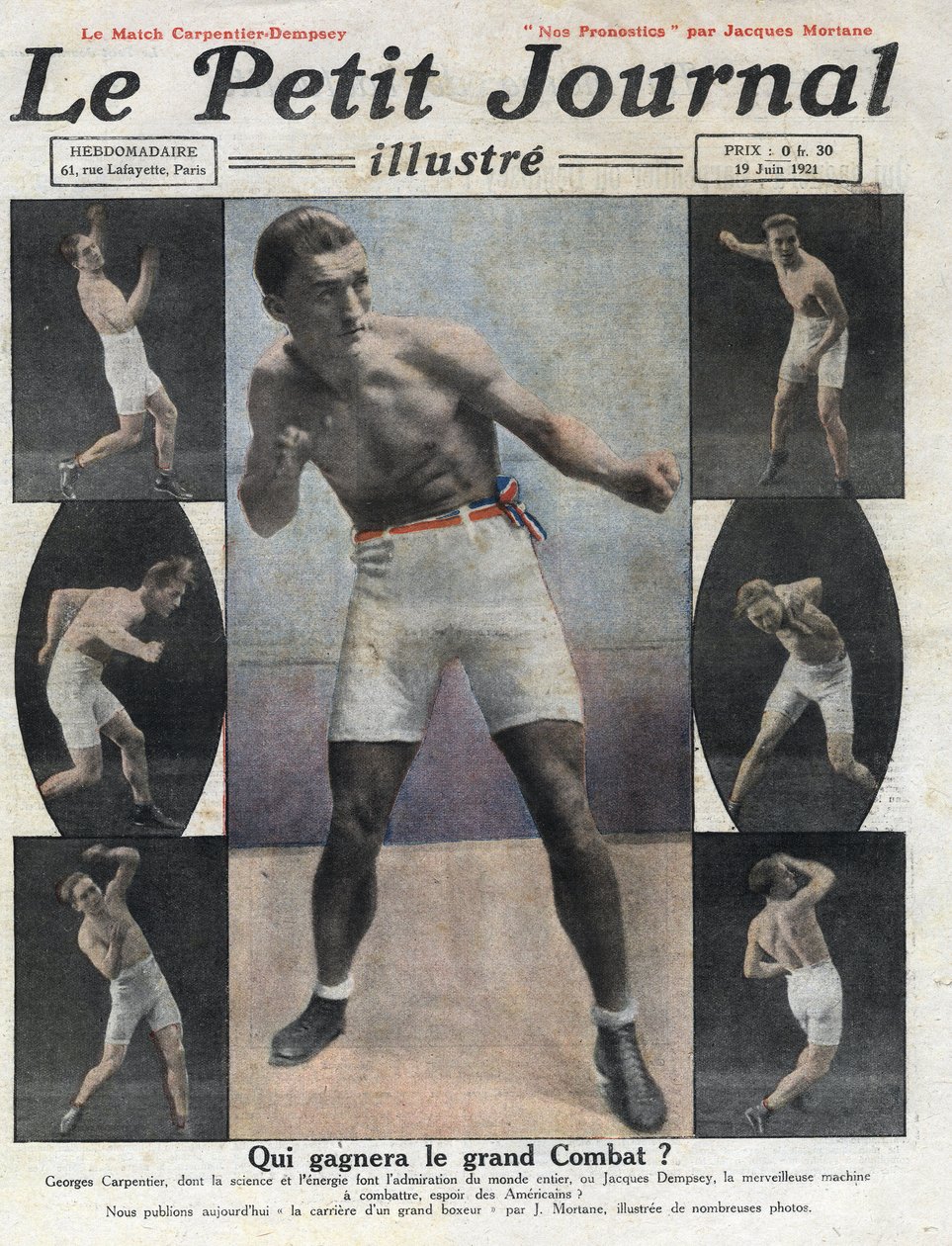 Portræt af den franske bokser Georges Carpentier, der skal kæmpe mod den amerikanske bokser Jack Dempsey om titlen som verdensmester. Illustration taget fra "" Le petit journal illustrious""" af 19/06/1921. Privat samling af Anonymous Anonymous
