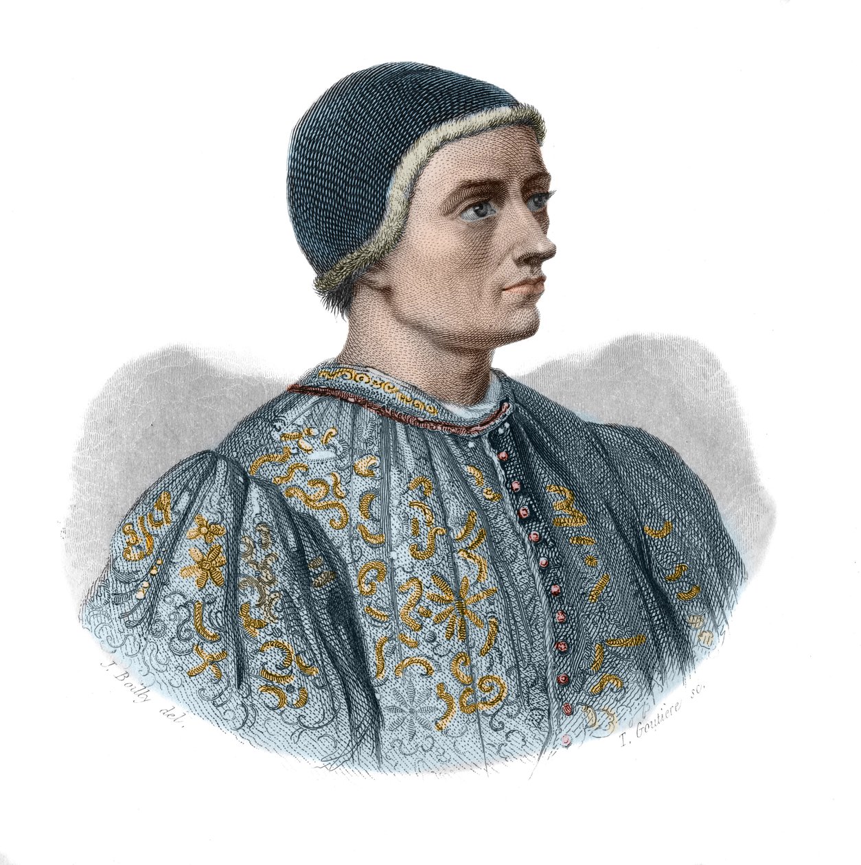 Portræt af Jacques Coeur (1395-1456) kasserer for kong Charles VII og fransk forretningsmand i "Portrætter og historie af nyttige mænd: mænd og kvinder i alle lande og af alle forhold, som erhvervede rettigheder til anerkendelse af mænd" udgav en af Anonymous Anonymous
