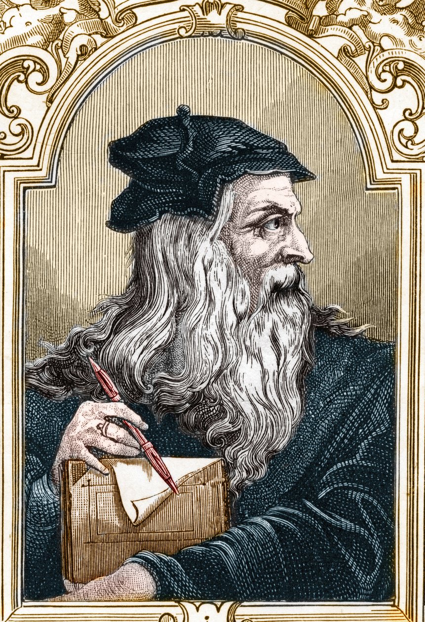 Portræt af Leonard de Vinci (Leonardo da Vinci) (1452-1519). gravering af 1859 i "" gallerierne i Europa - Italien"" af Armandaud (gravering) af Anonymous Anonymous