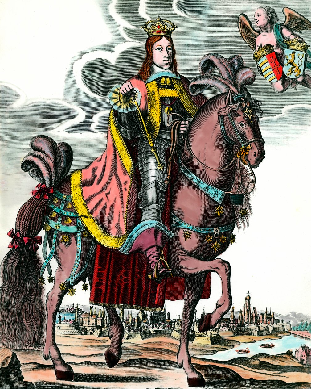 Portræt af Leopold I, Holy Roman Emperor - Ridestræt af Leopold I (1640 - 1705) King of Ungarn, Bohemia, Dalmatia, Kroatien og germansk kejser. Gravering af det 17. århundrede. Privat samling. af Anonymous Anonymous