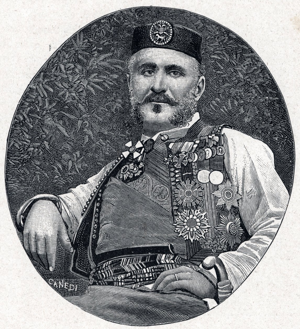 Portræt af Nicholas I af Montenegro (Nikola I Petrovic-Njegos) (Petrovic Njegos) (1841-1921), Prins af Montenegro og Berda. Indgravering i "Les Missions Catholiques au XIXeme Siecle" "af Louis-Eugene (Louis Eugene) Louvet. privat samling. af Anonymous Anonymous