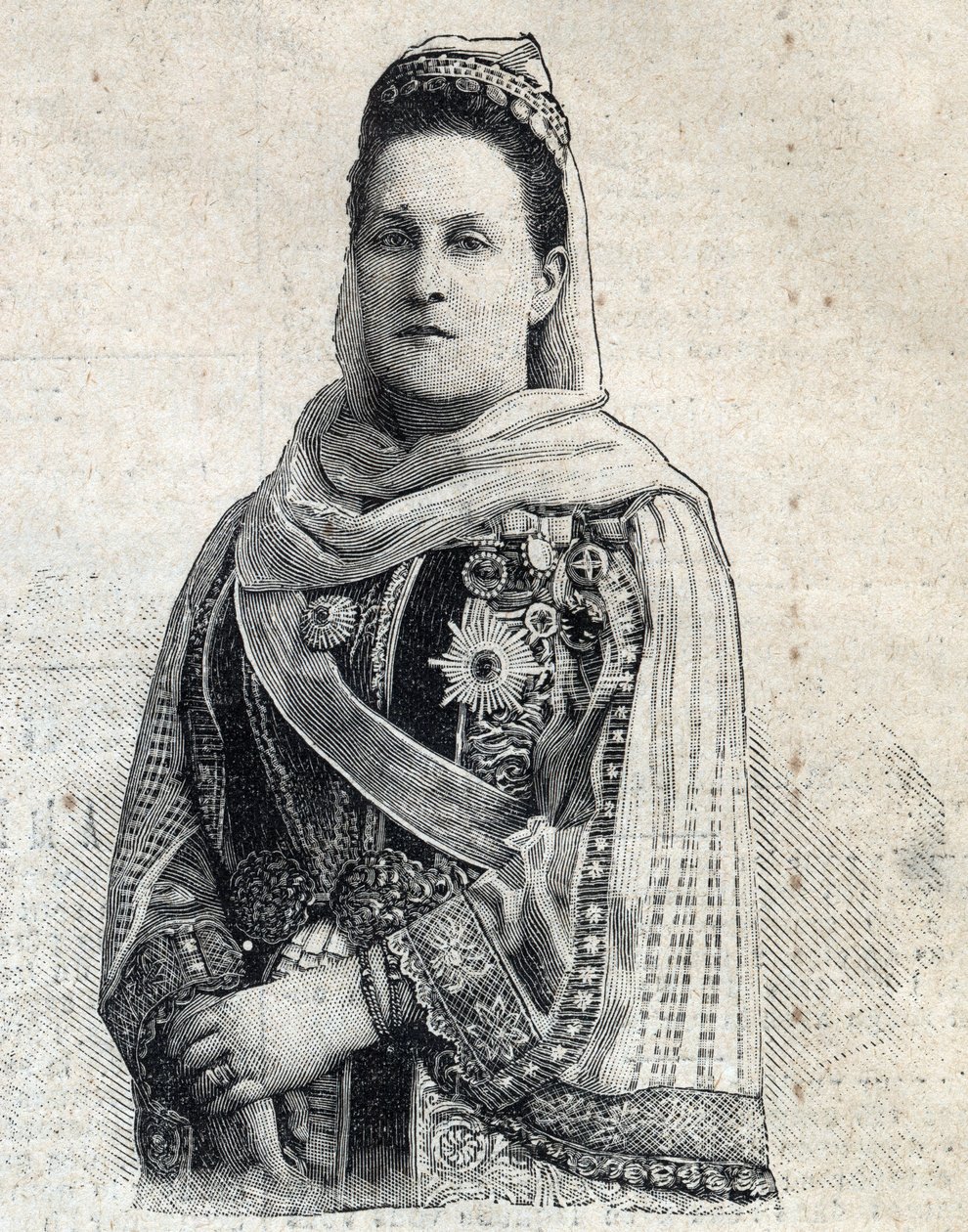 Portræt af Olga Constantinovna af Rusland (1851-1926) dronning af Grækenland. Gravering i "" Le Peute Parisien"" af Anonymous Anonymous