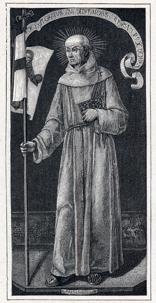 Portræt af Johannes af Capistran (Giovanni da Capestrano) (1386-1456), italiensk franciskaner. Fra det 15. århundredes maleri af Bartolomeo Vivarini. Indgravering i "Les Missions Catholiques au XIXeme Siecle"" af Louis-Eugene (Louis Eugene) Louvet. privat  af Anonymous Anonymous