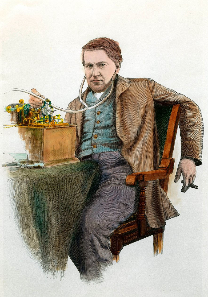 Portræt af Thomas Edison (1847-1931), amerikansk fysiker. Stik omkring 1900. Privat samling af Anonymous Anonymous