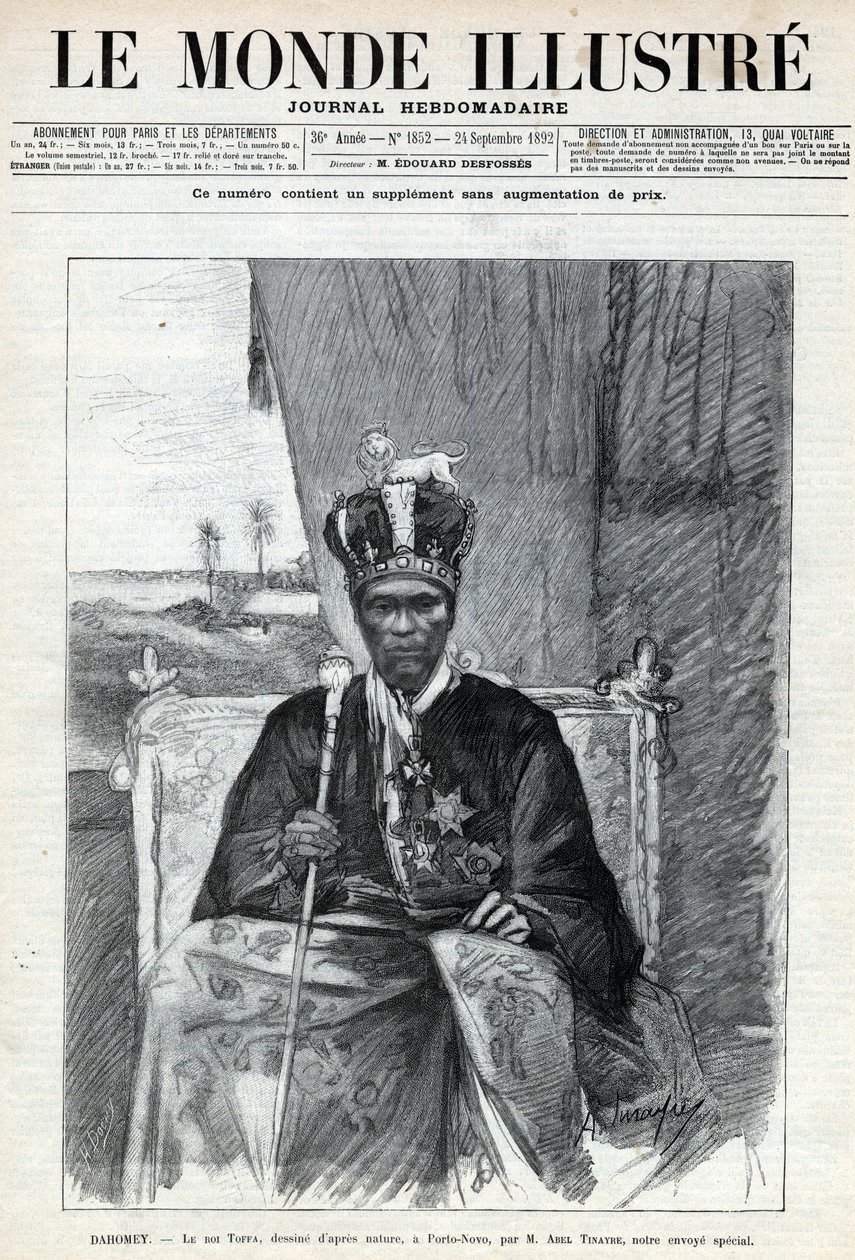 Portræt af Tofa I (Toffa) (ca. 1850-1908), konge af Dahomey (Benin) til Porto Novo (Porto-Novo). En avis. Stik i "Le monde illustree" "fra 1892. Privat samling. af Anonymous Anonymous