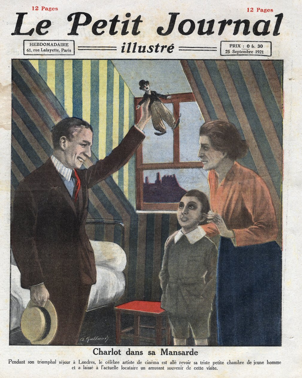 Portræt af skuespilleren Charlie Chaplin, der rejser til London, besøger sit tidligere værelse, og tilbyder familiens barn en lille dukke af Charlot. Illustration taget fra "" Le petit journal illustrious""" af 23/09/1921. Privat samling af Anonymous Anonymous