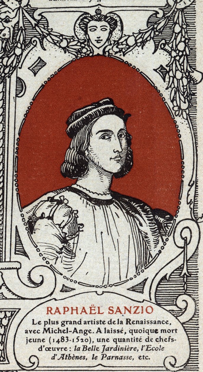 Portræt af den italienske renæssancemaler Raphael (Raffaello Sanzio 1483-1520). Stik fra 1914. Privat samling. af Anonymous Anonymous