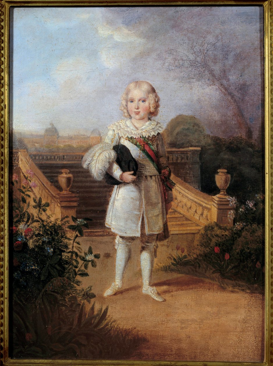 Portræt af prinsen af Parma (1811-1832) i Tuileriernes have Kongen af Rom Napoleon II, hertug af Reichstadt, søn af kejser Napoleon I (1769-1821). Anonymt maleri. 1800-tallets privatsamling af Anonymous Anonymous