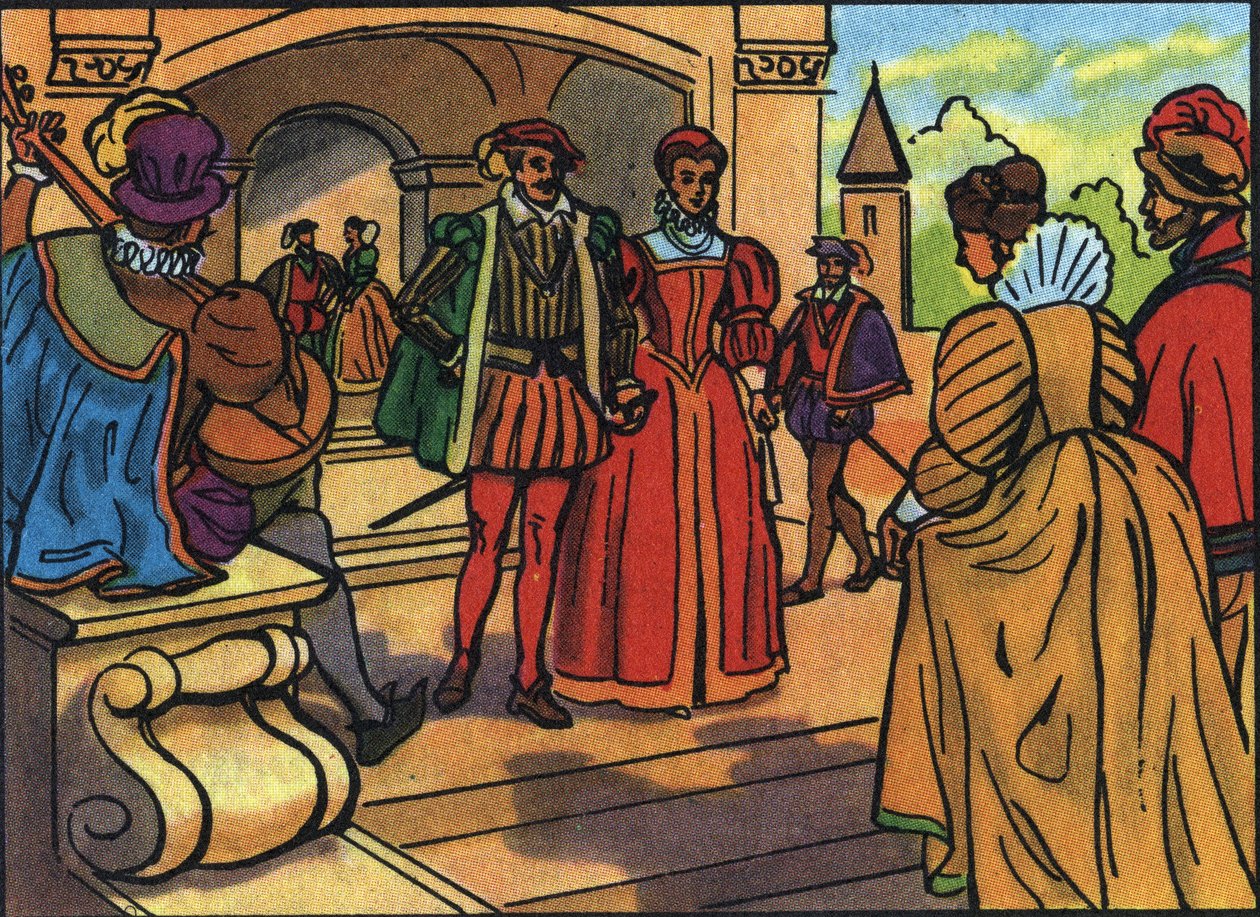 Portrætter af Henrik II (1519-1559) og Catherine de Medici (Caterina de Medici) (1519-1589), konge og dronning af Frankrig. Anonym illustration i ""Samling af Frankrigs suveræner og statsoverhoveder"". 20. århundrede. Privat samling. af Anonymous Anonymous