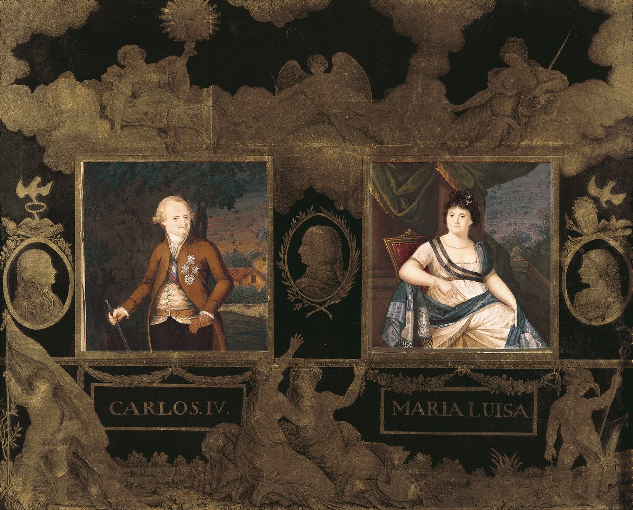 Portrætter af kong Charles IV (Carlos) af Spanien (1748-1819) og hans kone Marie Louise af Bourbon Parma (Maria Luisa) (1751-1819) af Anonymous Anonymous