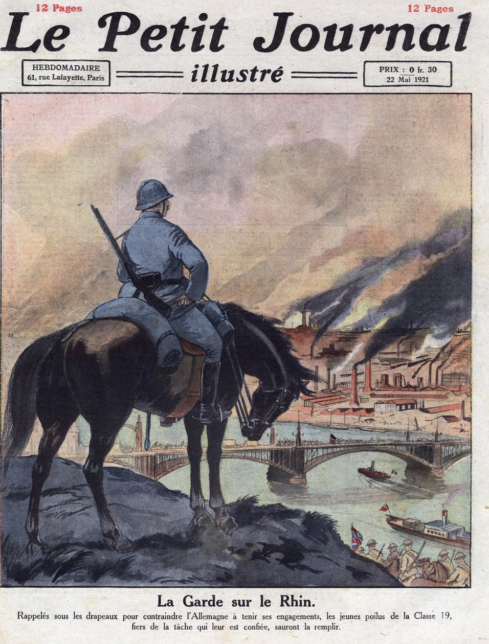 Efterkrigstiden (efter krigen): De tidligere mænd fra Første Verdenskrig vender tilbage til Rhinen for at sikre, at Tyskland opfylder sine forpligtelser på London-konferencen. Illustration taget fra "" Le petit journal illustrious""" af 22/05/1921. Privat  af Anonymous Anonymous