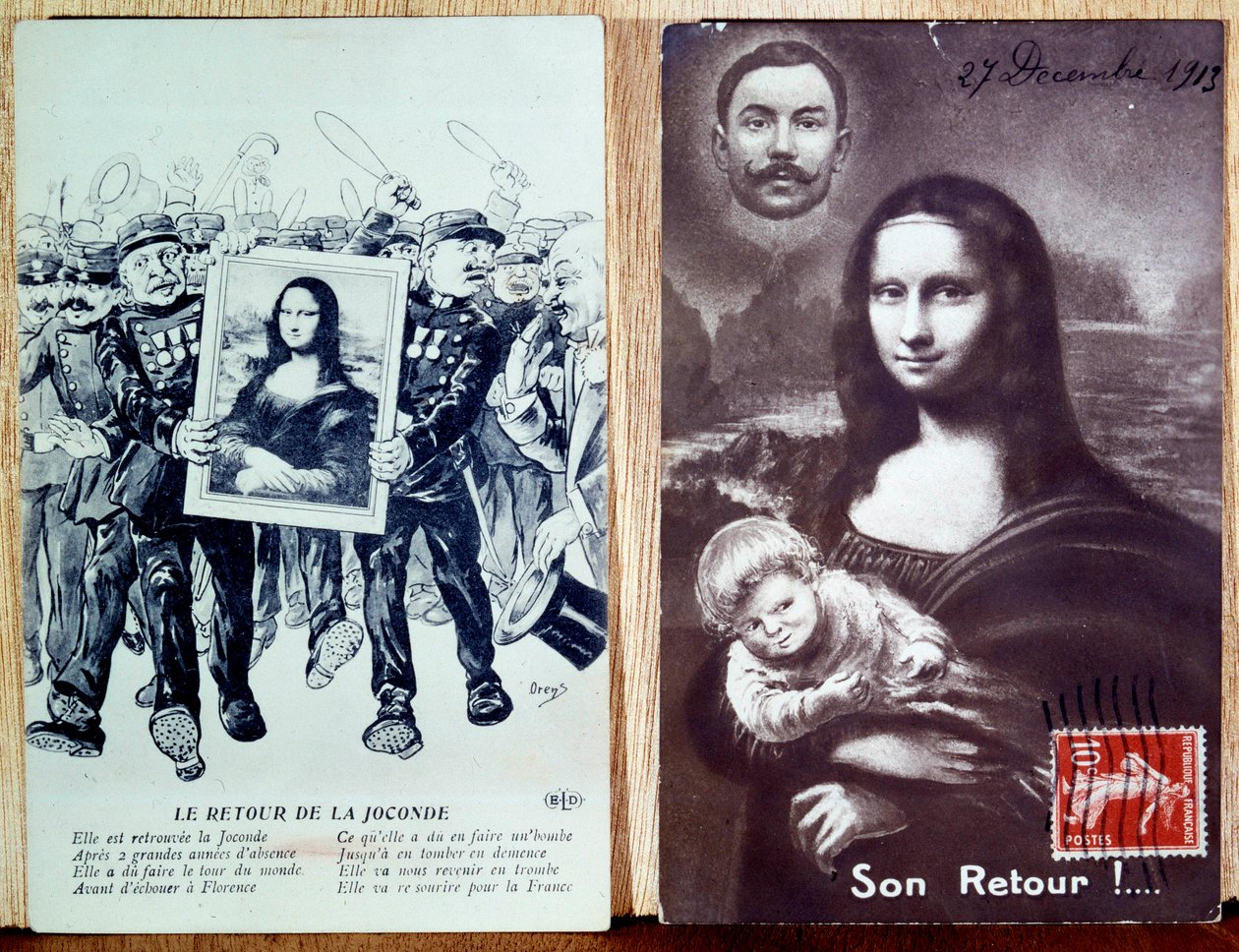 Postkort, der fejrer tilbagekomsten af Leonard de Vincis "Mona Lisa, Monna Lisa" (1452-1519) efter Vincenzo Peruggias flyvning i 1911 (1881-1925). 27/12/1913 af Anonymous Anonymous