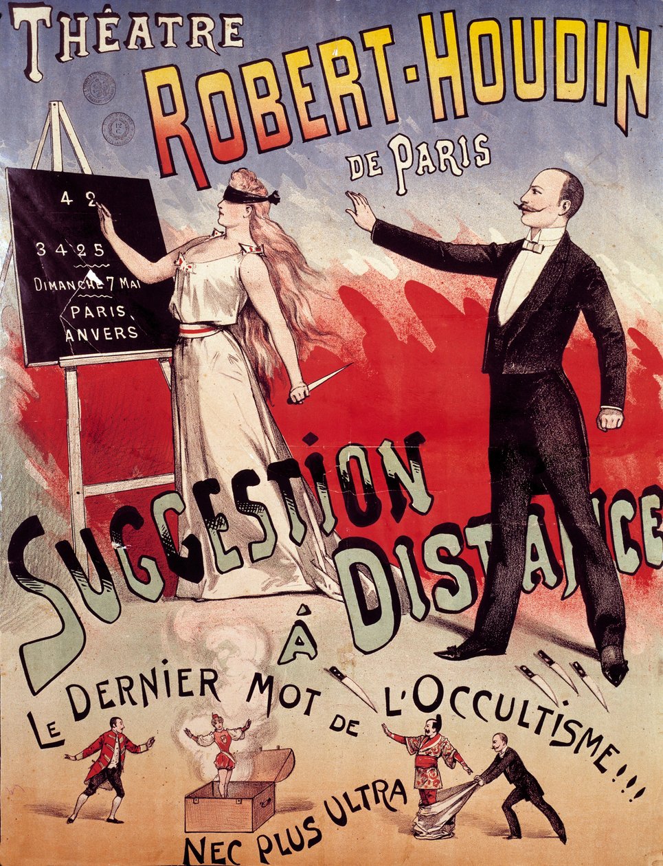 Plakat, der præsenterer showet "Suggestion a distance"" på Theatre Robert Houdin i Paris, grundlagt af Jean-Eugene Robert Houdin (1805-1871) af Anonymous Anonymous
