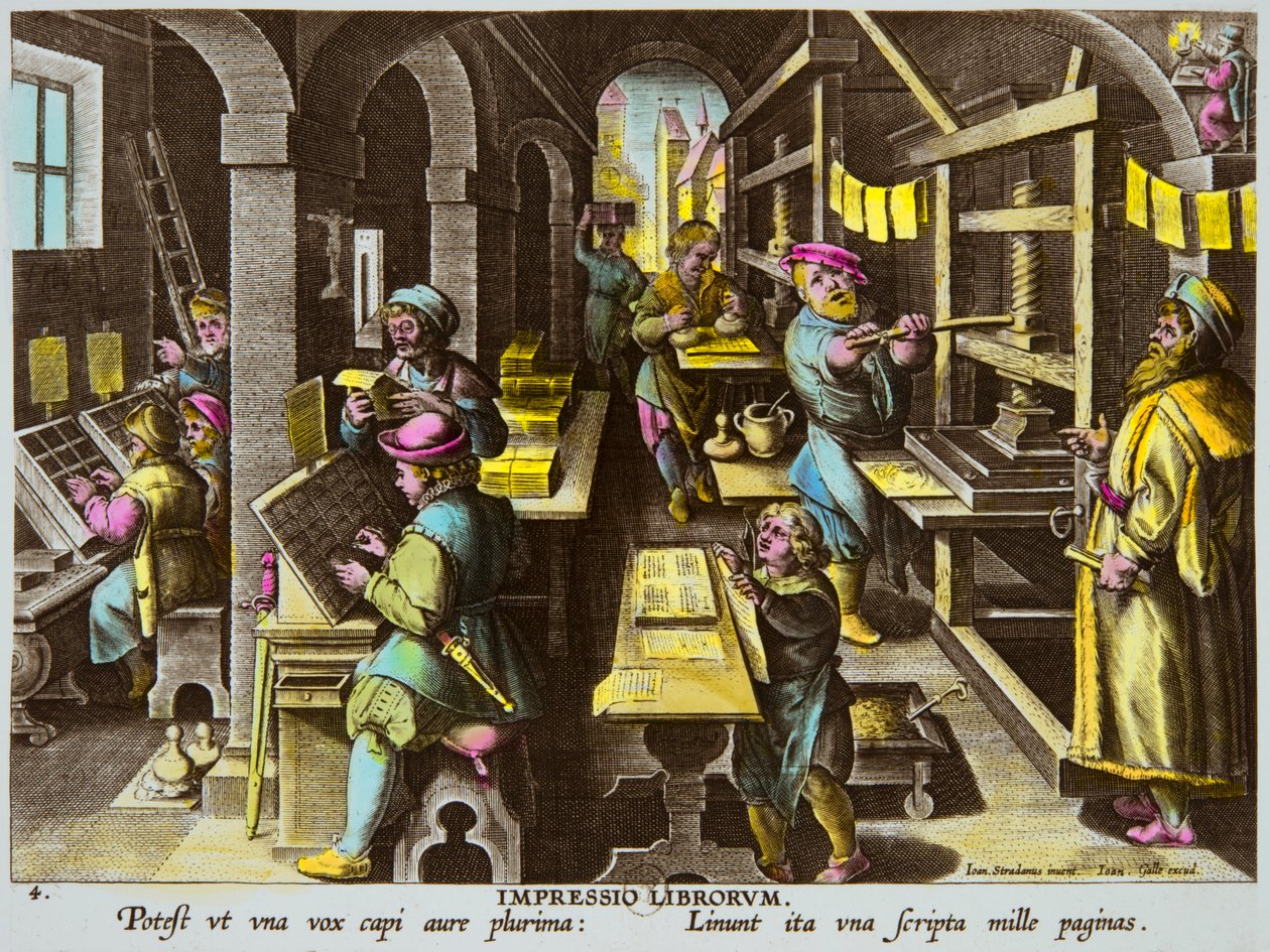 Printere og typografisk tryk med armpresse omkring 1600 af Jan Van Der Straet (Giovanni Stradano eller Johannes Stradanus) (1523-1605), Privee Collection af Anonymous Anonymous