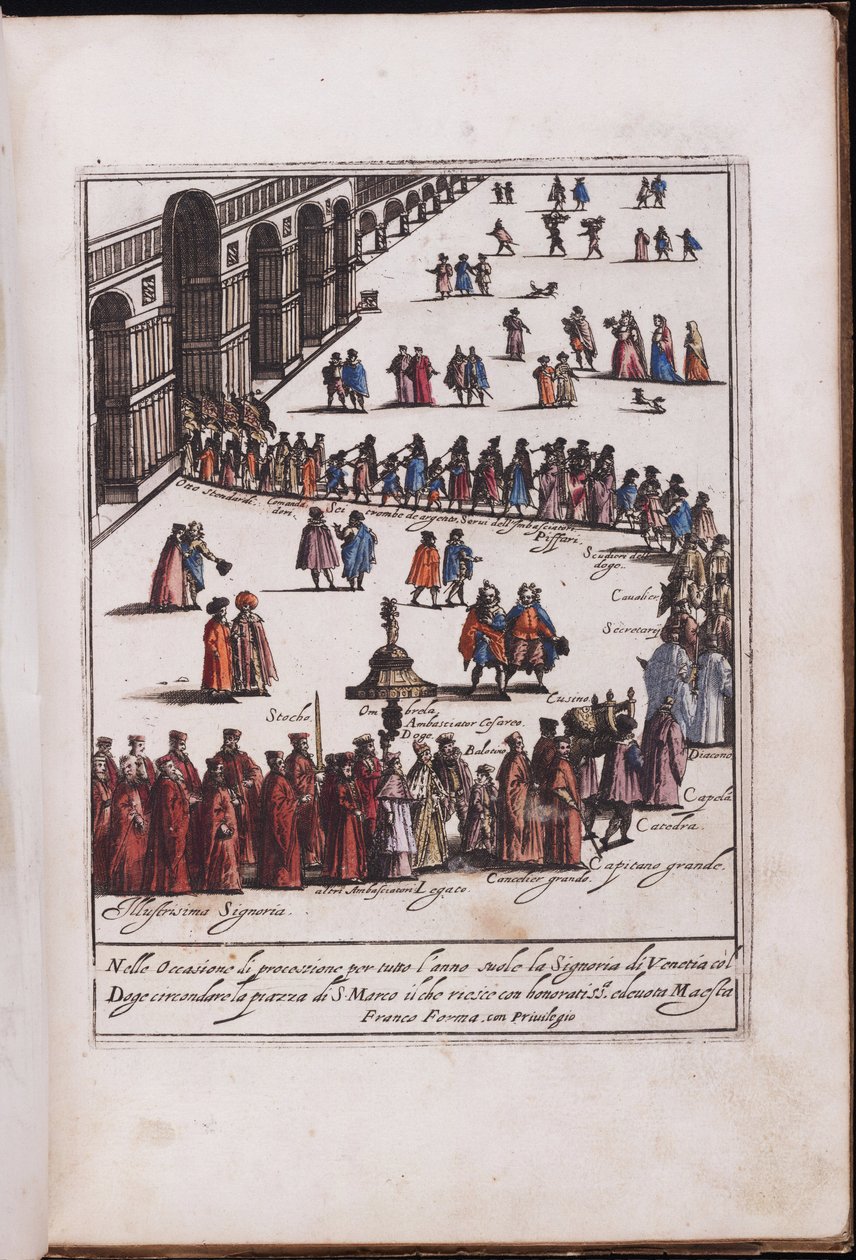 Procession du doge et de son entourage sur la place Saint Marc, Venedig - Procession af Doge og hans følge på Piazza San Marco i Venedig, Anonym . Kobberstik, akvarel af Anonymous Anonymous