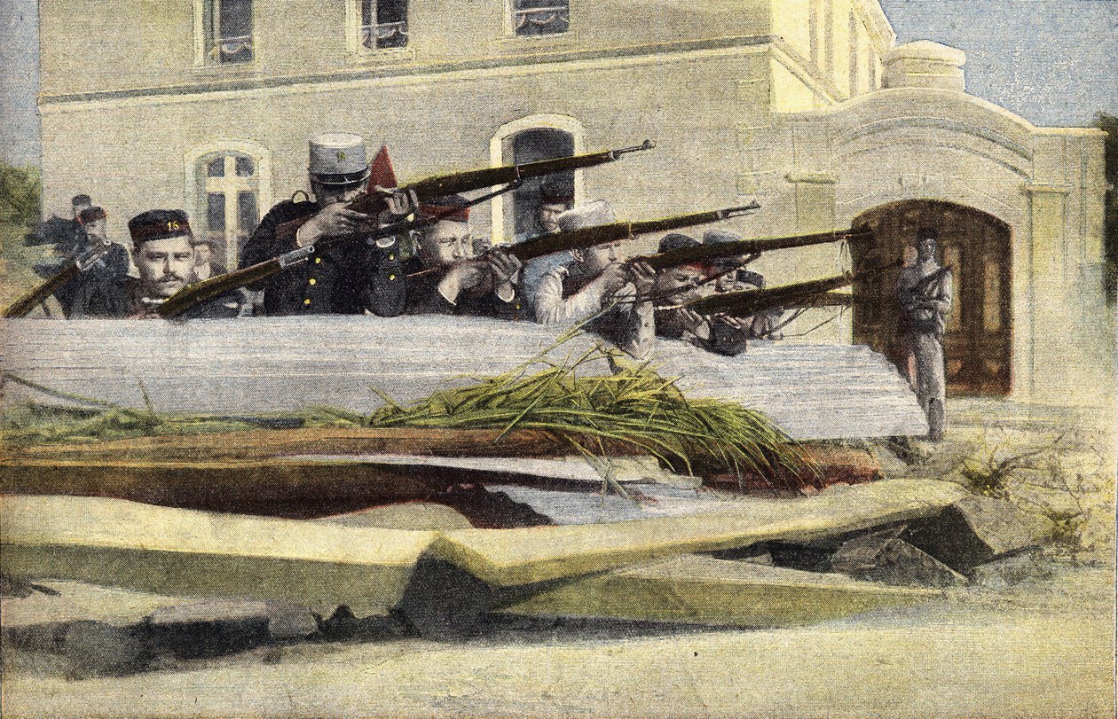Portugisisk revolution: barrikade på en gade i Lissabon. Gravering. En af avisen "" Le petit parisien"" den 23.10.1910. Privat samling. af Anonymous Anonymous
