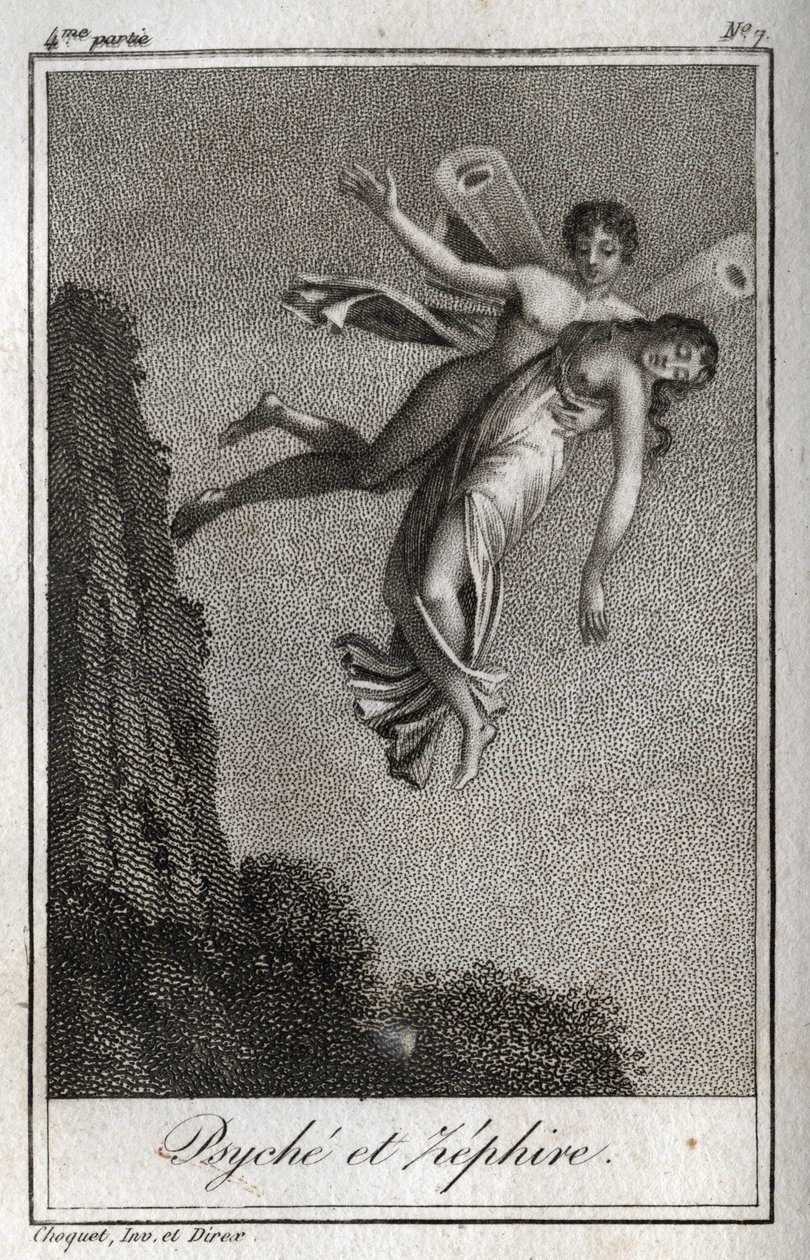 Psyche båret bort af Zephyr. Stik fra 1819 i "Lettres a Emilie sur la mythologie" af Charles Albert Demoustier (1760-1801). Privat samling. af Anonymous Anonymous