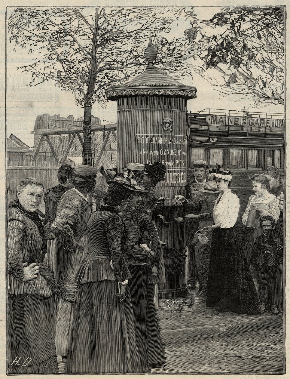Offentlig hygiejne: indbyggere i Paris bruger en af filtreevandfontænerne installeret i det 15. arrondissement. Disse springvand har et Chamberland Pasteur-systemfilter. Stik i “Le monde illustree”” fra 1892. Privat samling. af Anonymous Anonymous