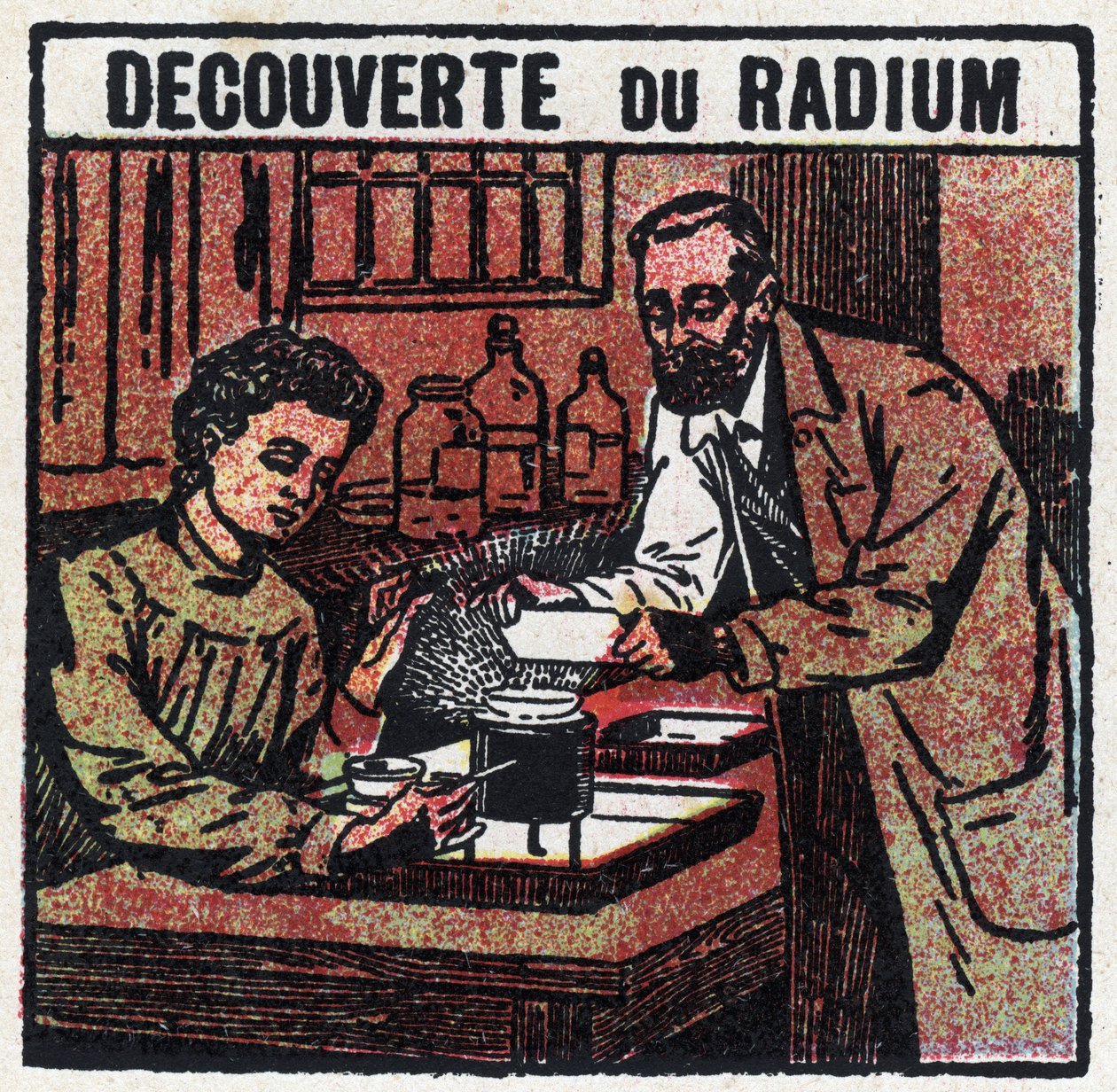 Radium: opdaget radium af Pierre (1859-1906) og Marie Curie (1867-1934) i 1898. Anonym illustration fra 1925. Privat samling. af Anonymous Anonymous