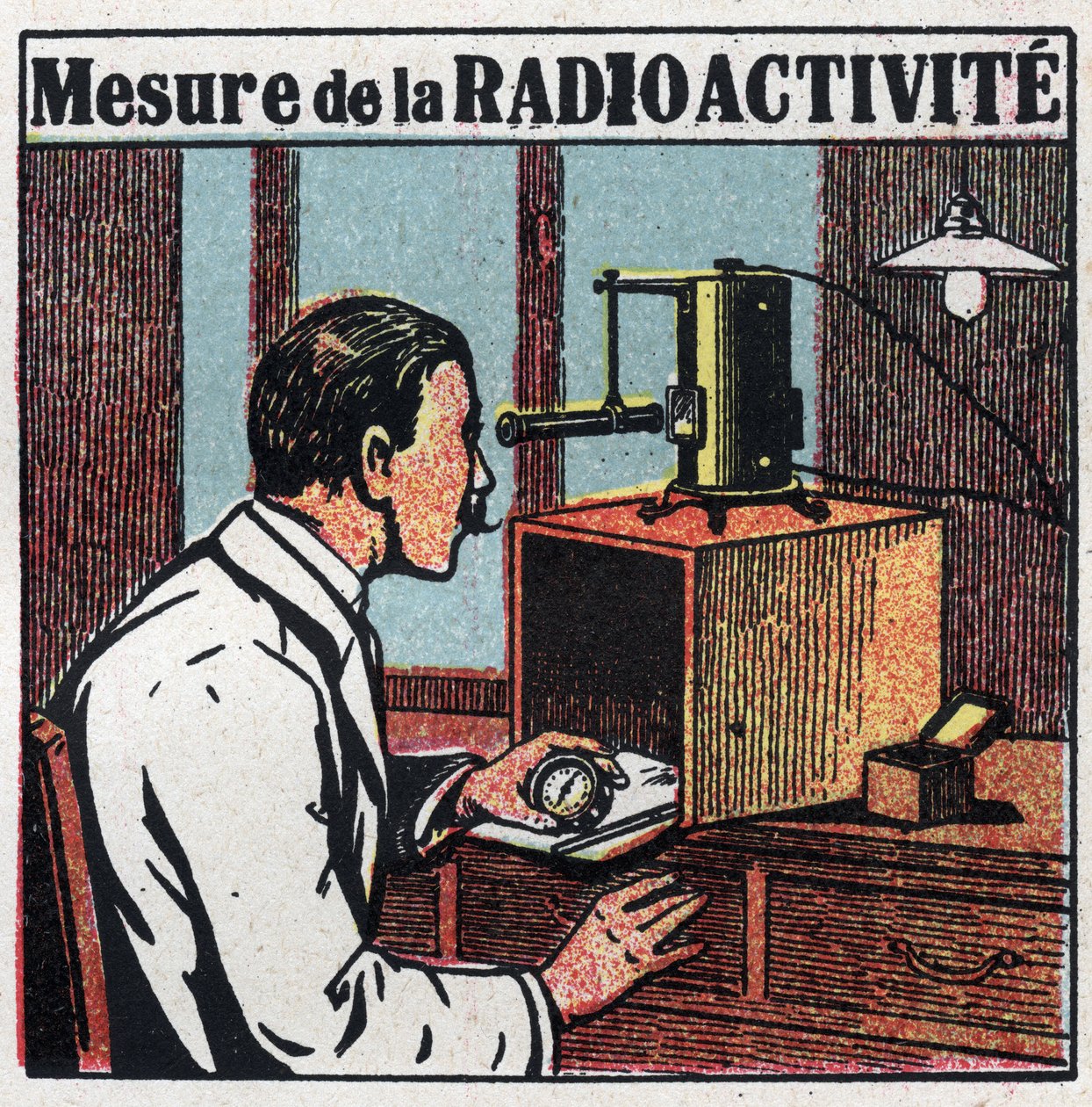Radium: måling af radioaktivitet. Anonym illustration fra 1925. Privat samling. af Anonymous Anonymous