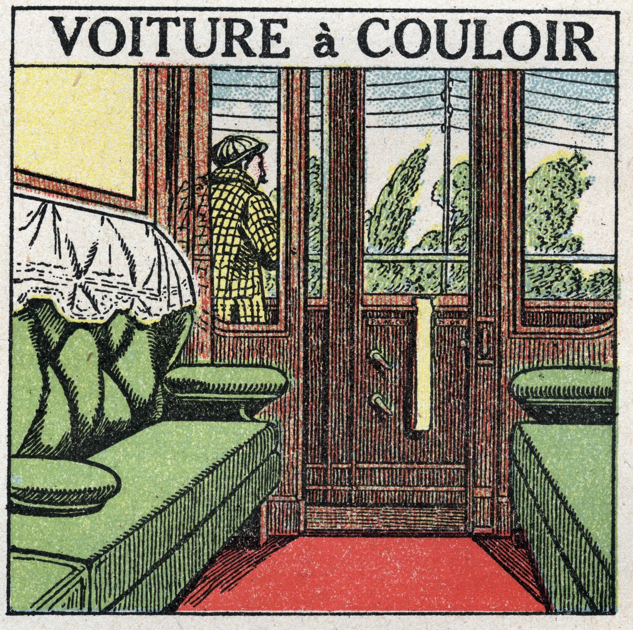 Jernbaner: korridorvogn. Anonym illustration af 1925. Privat samling. af Anonymous Anonymous