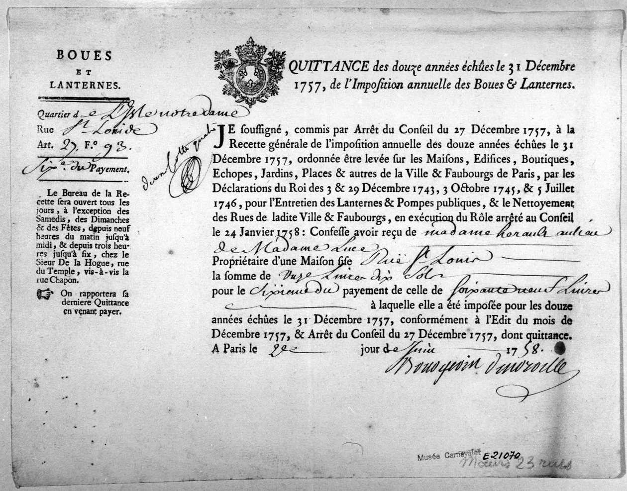 Kvittering fra Skattekontoret angående betaling af Skatter for Mudder og Lygter, dateret December 1757. af Anonymous Anonymous