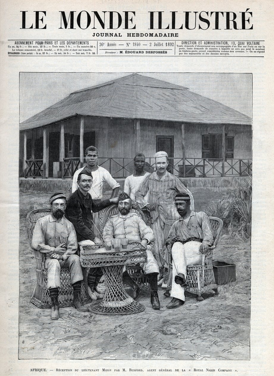 Modtagelse af løjtnant Mizon af Frederick Bedford (1838-1913), generalagent for Royal Niger Company. Den franske opdagelsesrejsende Louis Alexandre Antoine Mizon (1853-1899) under sin rejse til Vestafrika. En avis. Indgravering i "Le monde illustree"" fra  af Anonymous Anonymous