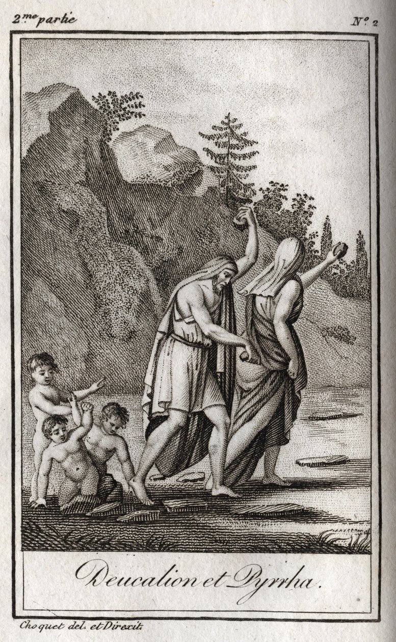 Repræsentation af Deucalion og Pyrrha, de eneste overlevende efter syndfloden forårsaget af Zeus for at ødelægge den menneskelige race. Themis efter syndfloden beder dem om at gå med hovedet tildækket ved at kaste deres mors knogler bag sig (Jordens sten) af Anonymous Anonymous
