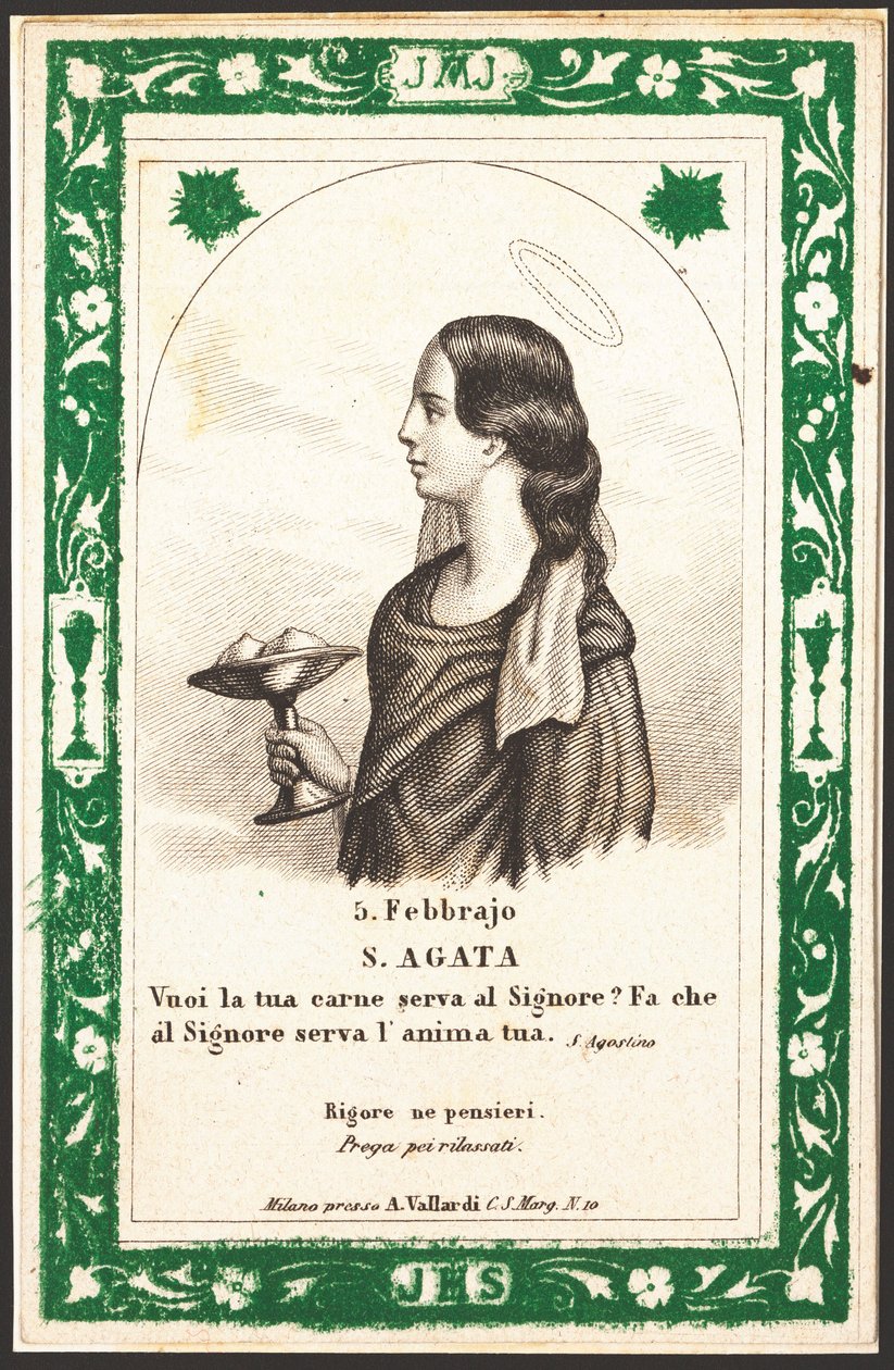Repræsentation af Saint Agatha Fromme billede. Postkort. Begyndelsen af det 20. århundrede. Privat samling af Anonymous Anonymous