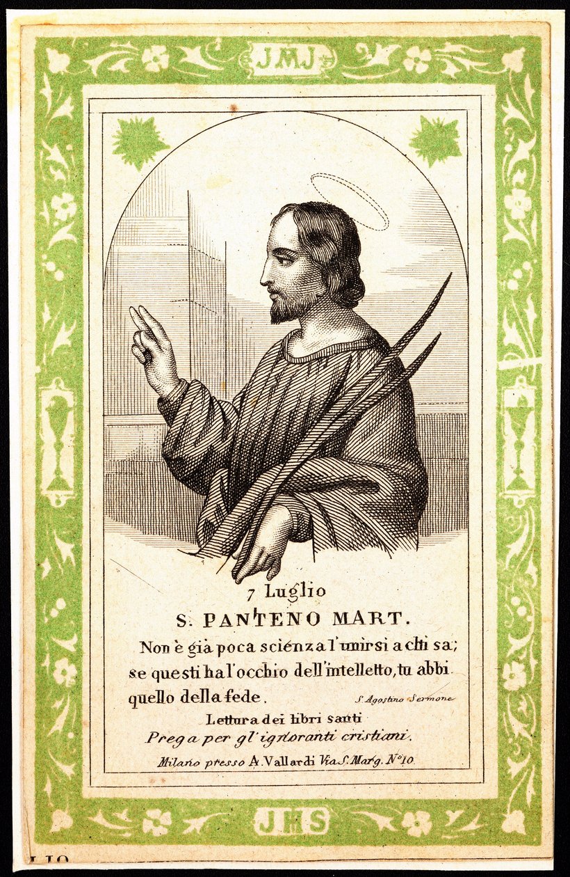 Repræsentation af Saint Panthene af Alexandria from billede. Postkort. Begyndelsen af det 20. århundrede. Privat samling af Anonymous Anonymous