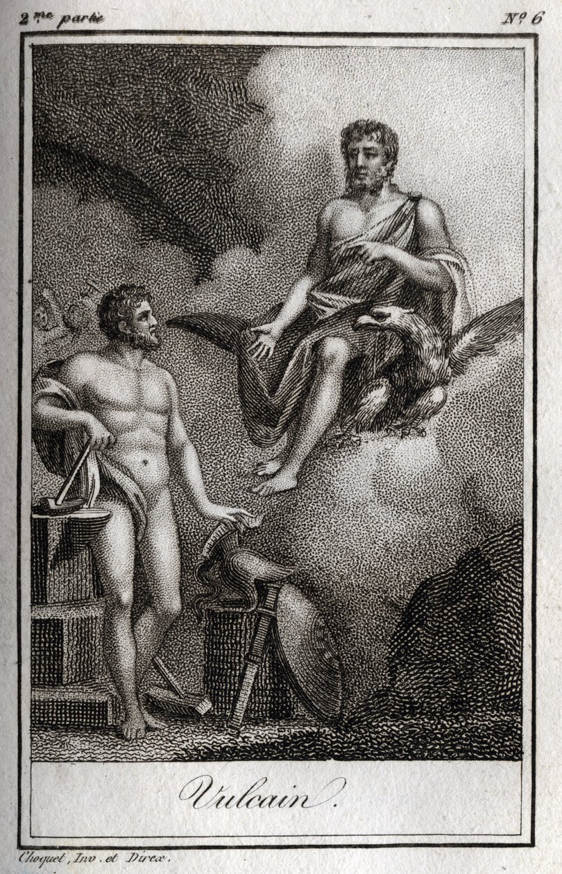 Repræsentation af Vulcan, gud for ild, smedje og vulkaner. (Vulcan, gud for ild og vulkaner). Stik fra 1819 i "Lettres a Emilie sur la mythologie" af Charles Albert Demoustier (1760-1801). Privat samling. af Anonymous Anonymous