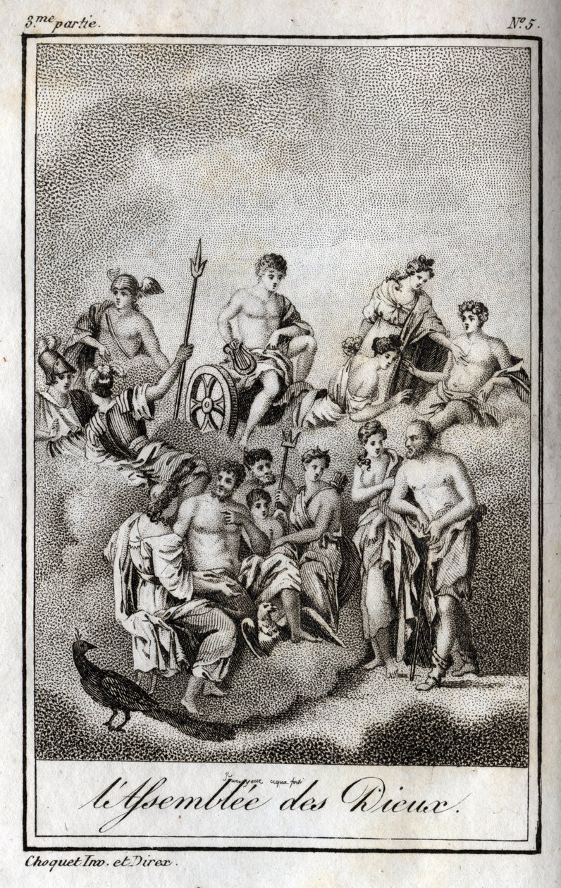 Repræsentation af gudernes forsamling på Olympus-bjerget eller de tolv olympiere. Stik fra 1819 i "Lettres a Emilie sur la mythologie" af Charles Albert Demoustier (1760-1801). Privat samling. af Anonymous Anonymous