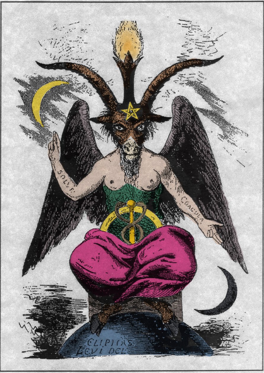 Repræsentation af Baphomet: et monster med et gedehoved og en kvindekrop med alkymistiske citater på armene "solve" og "coagula", en løvfældende mellem benene og et pentagram på panden. Eliphas Levis djævel (Alphonse Louis (Alphonse Lo af Anonymous Anonymous