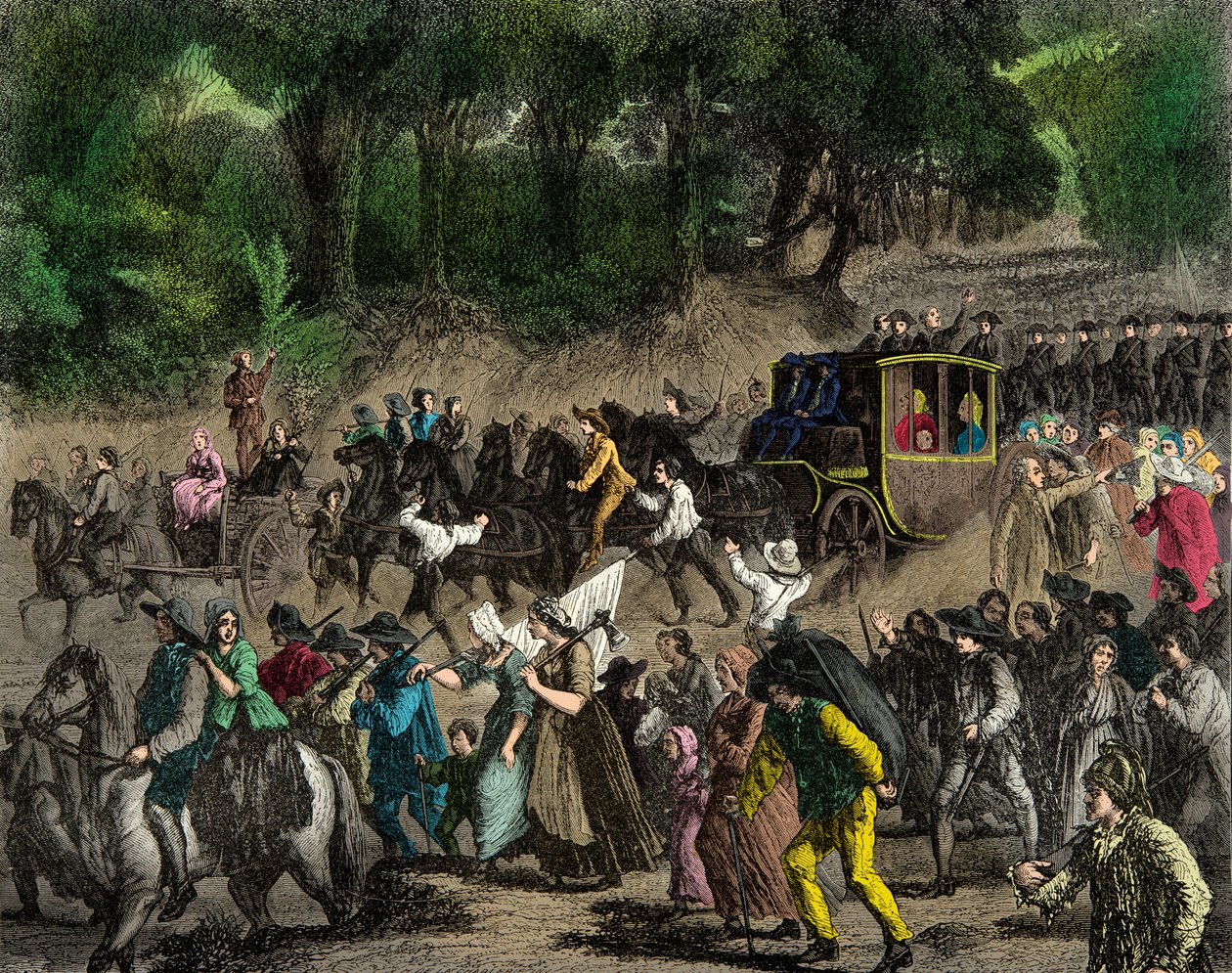 Den kongelige families tilbagevenden til Paris efter hans flugt til Varennes i 1791, gravering, privat samling af Anonymous Anonymous
