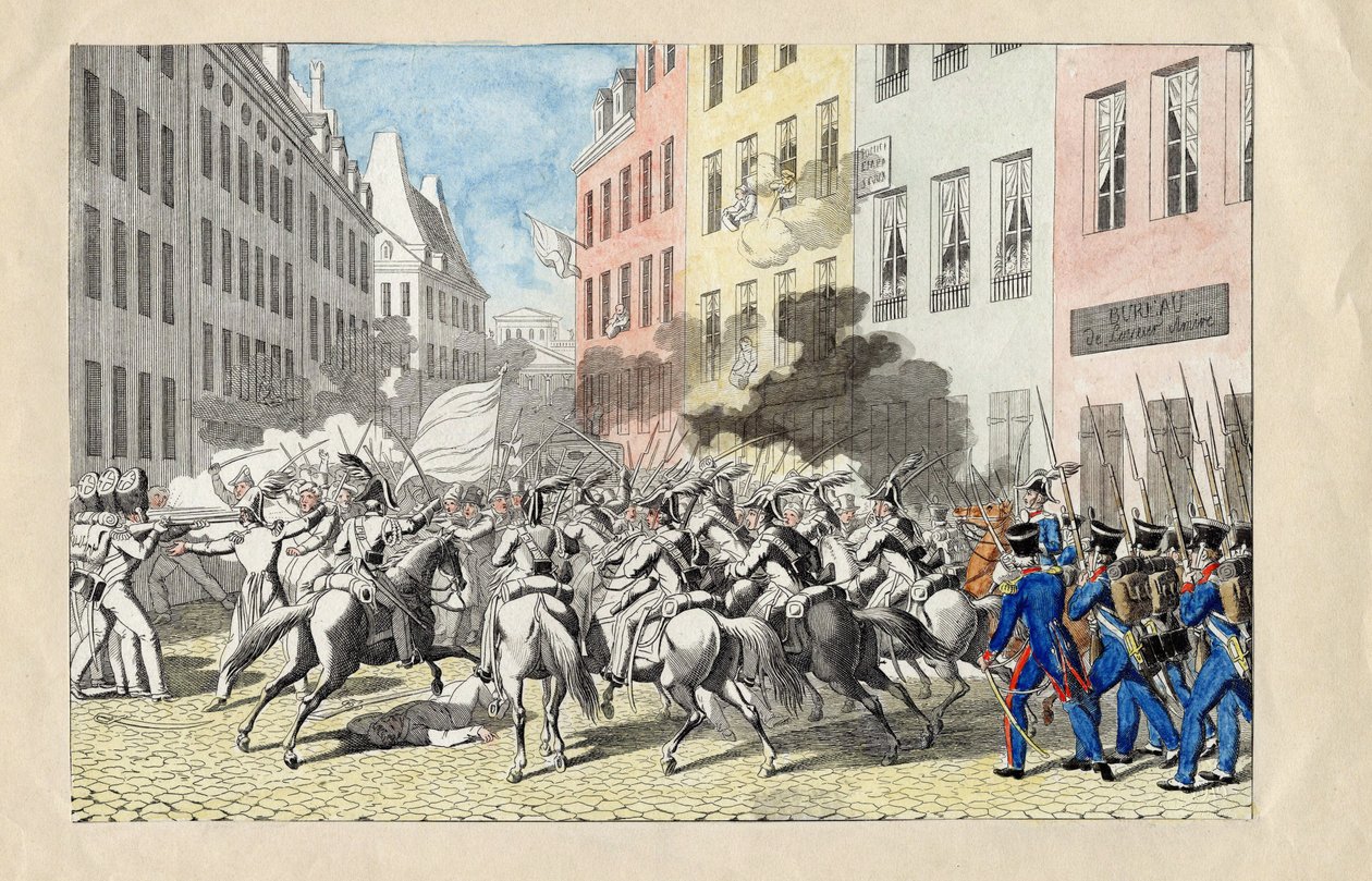 Revolution de Juillet 1830 a Paris (Julirevolutionen 1830) Anonym gravering og akvarel 1830 Dim 25,7x40,3 cm Privat samling af Anonymous Anonymous