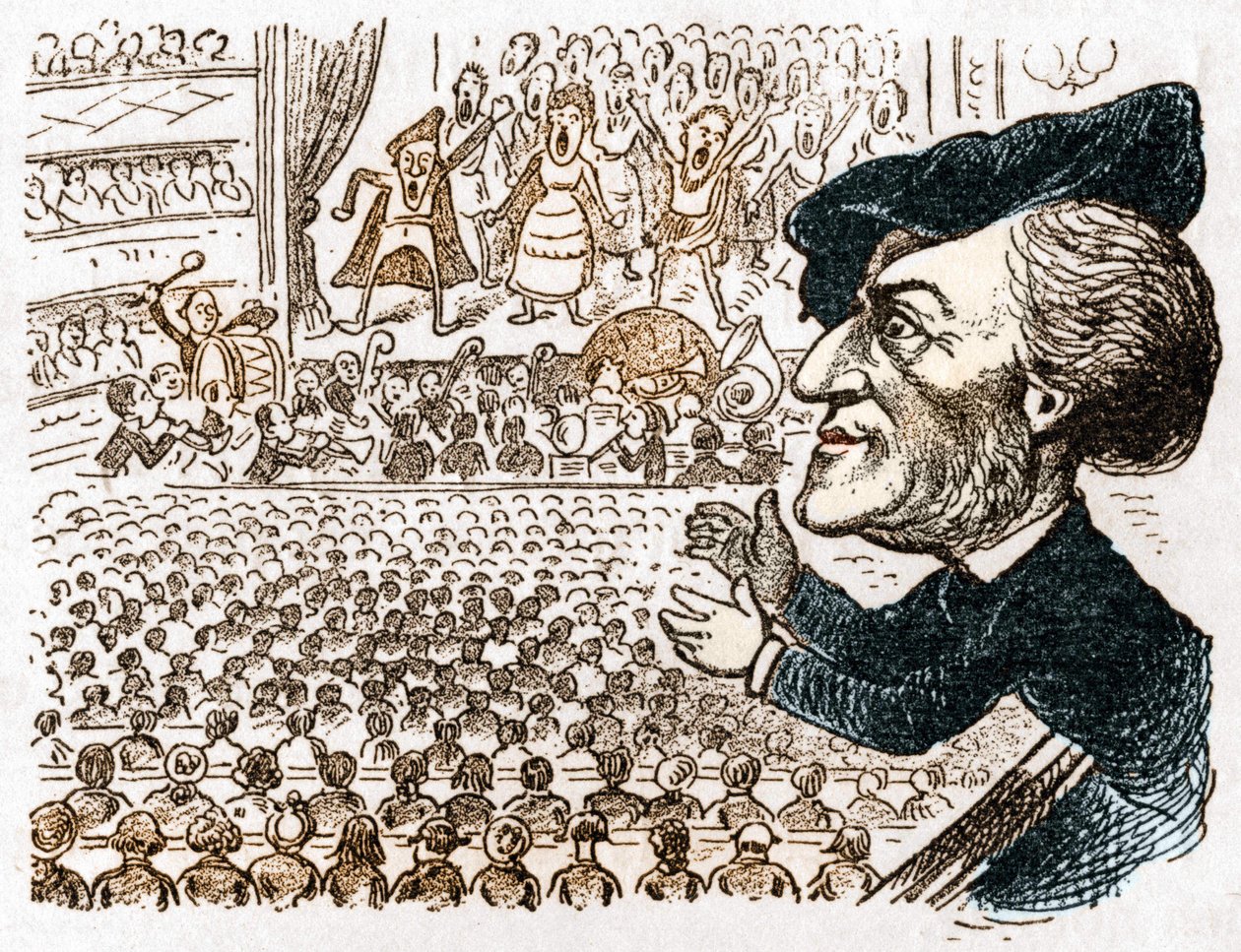 Richard Wagner beskæftiger hundredvis af sangere, musikere, millioner af mennesker lejer sæder, og han er den eneste, der klapper. Tegnefilm om den tyske komponist Richard Wagner (1813 - 1883) fra Les moreurs et la caricature en allemand af J. Grand-Carter af Anonymous Anonymous