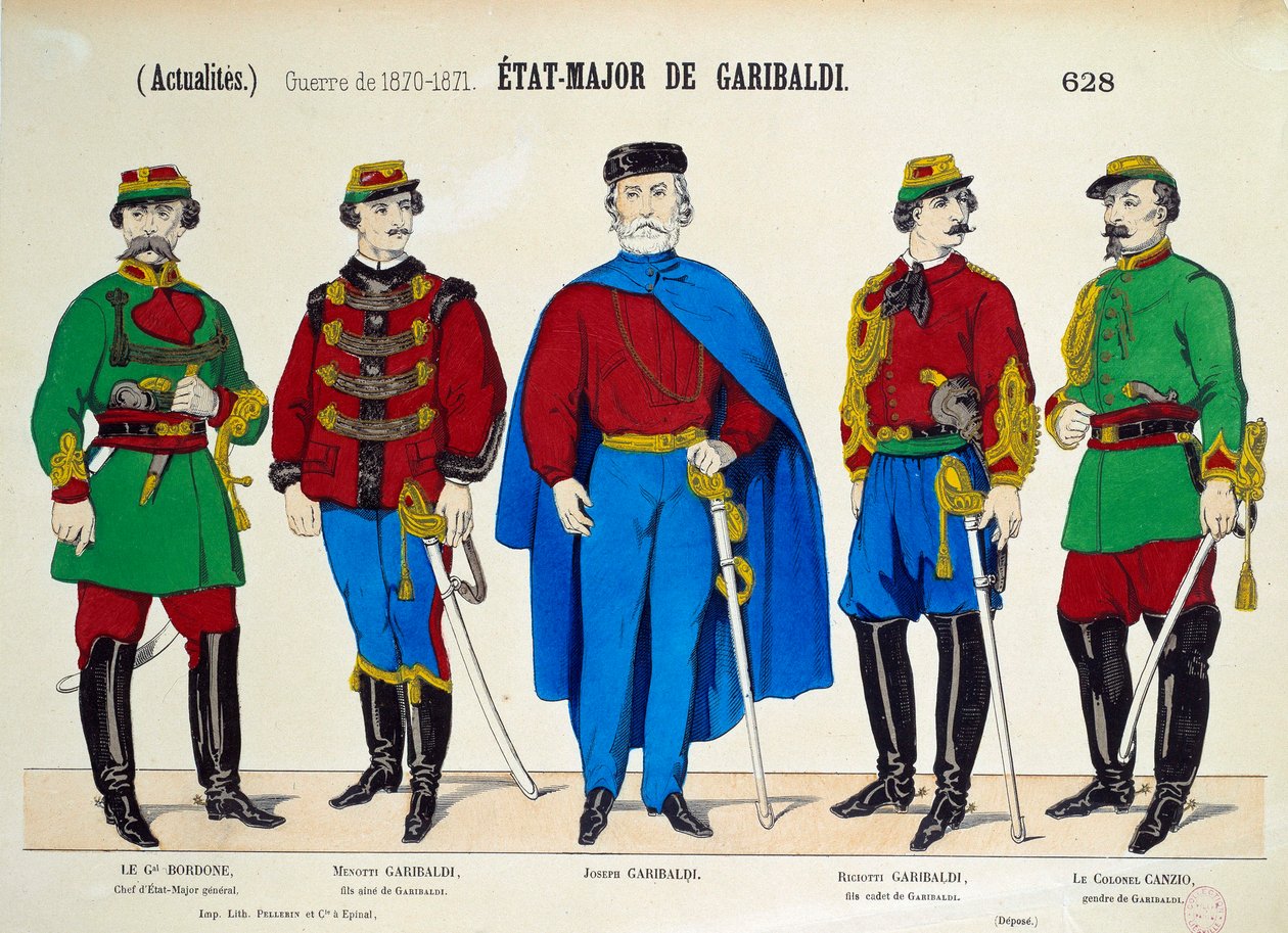 Risorgimento: Generalstab for Giuseppe Garibaldi (1807-1882). Heltene i det italienske forenes er repræsenteret omgivet af hans to sønner Menotti og Riciotti, af general Bordone og oberst Canzio. Gravering omkring 1870 Paris, Musee Carnavalet af Anonymous Anonymous