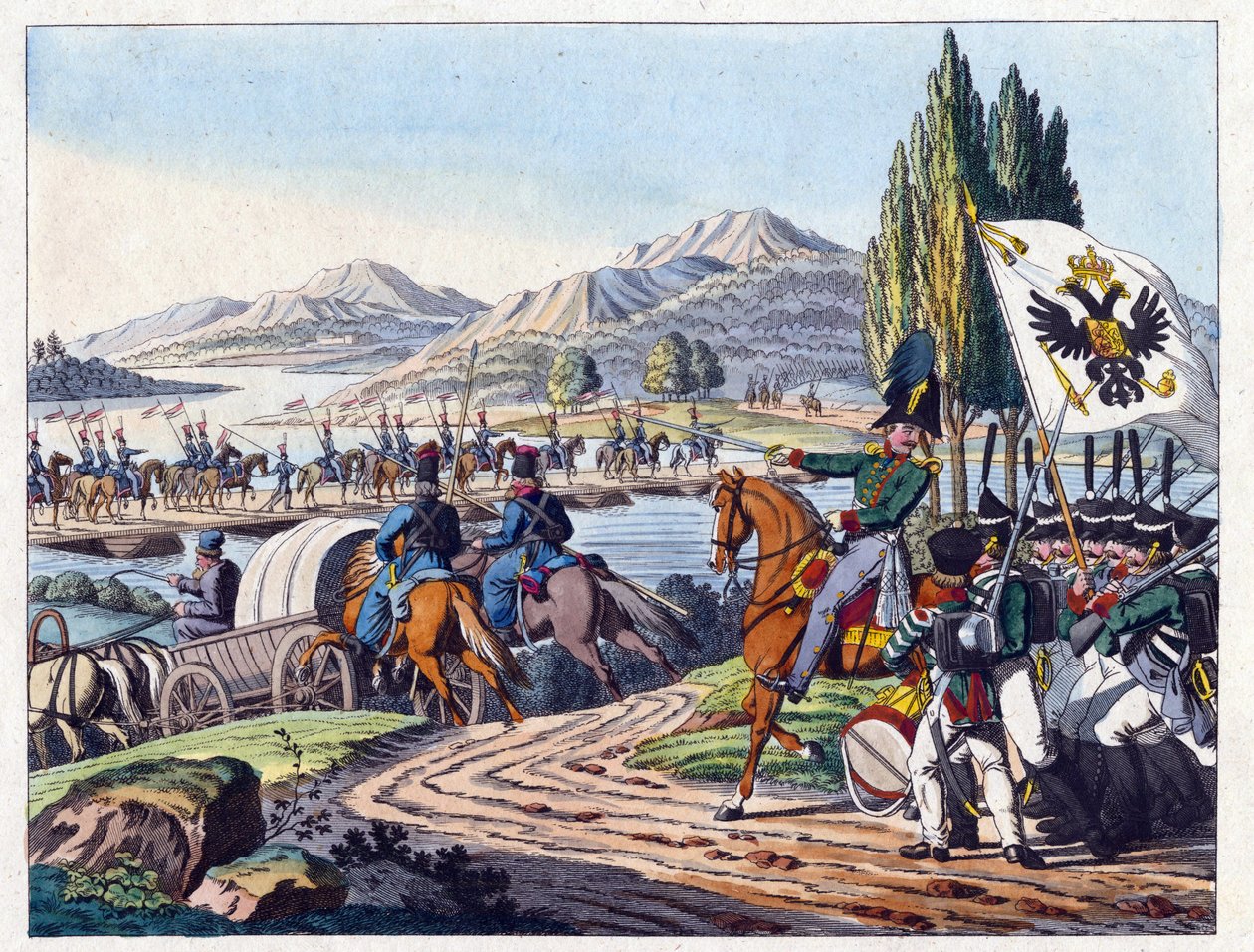 Russisk hær krydser Pruth-floden ind i Moldavien i maj 1828 - Anonym - 1829 - Radering, akvarel - 37,9x24,4 - Privat samling af Anonymous Anonymous