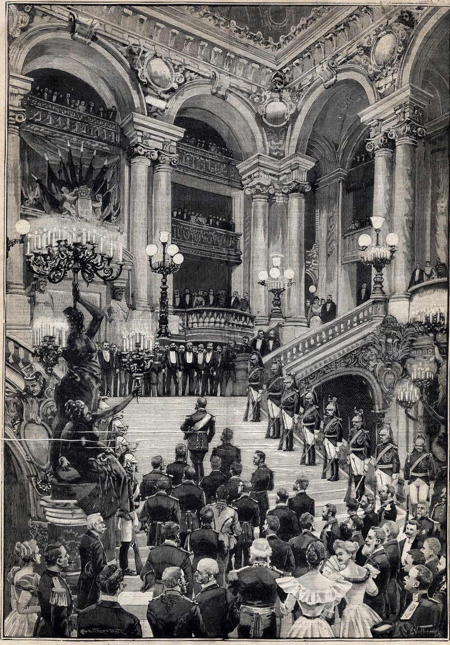 Russiske søfolk klatrer op ad den store trappe under en gallaaften i Opera Garnier i Paris. Indgravering i "" Le Petit Parisien"" den 29/10/1893. af Anonymous Anonymous
