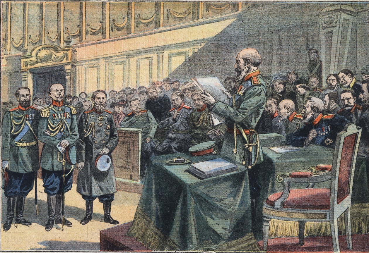 Russo Japanese War: Epilog af belejringen af Port Arthur (Port Arthur). Domfældelse af general Stoessel, general Fock blev irettesat, og generalerne Reiss og Smyrnoff frikendte gravering fra avisen "" Le Petite Parisien"" af Anonymous Anonymous