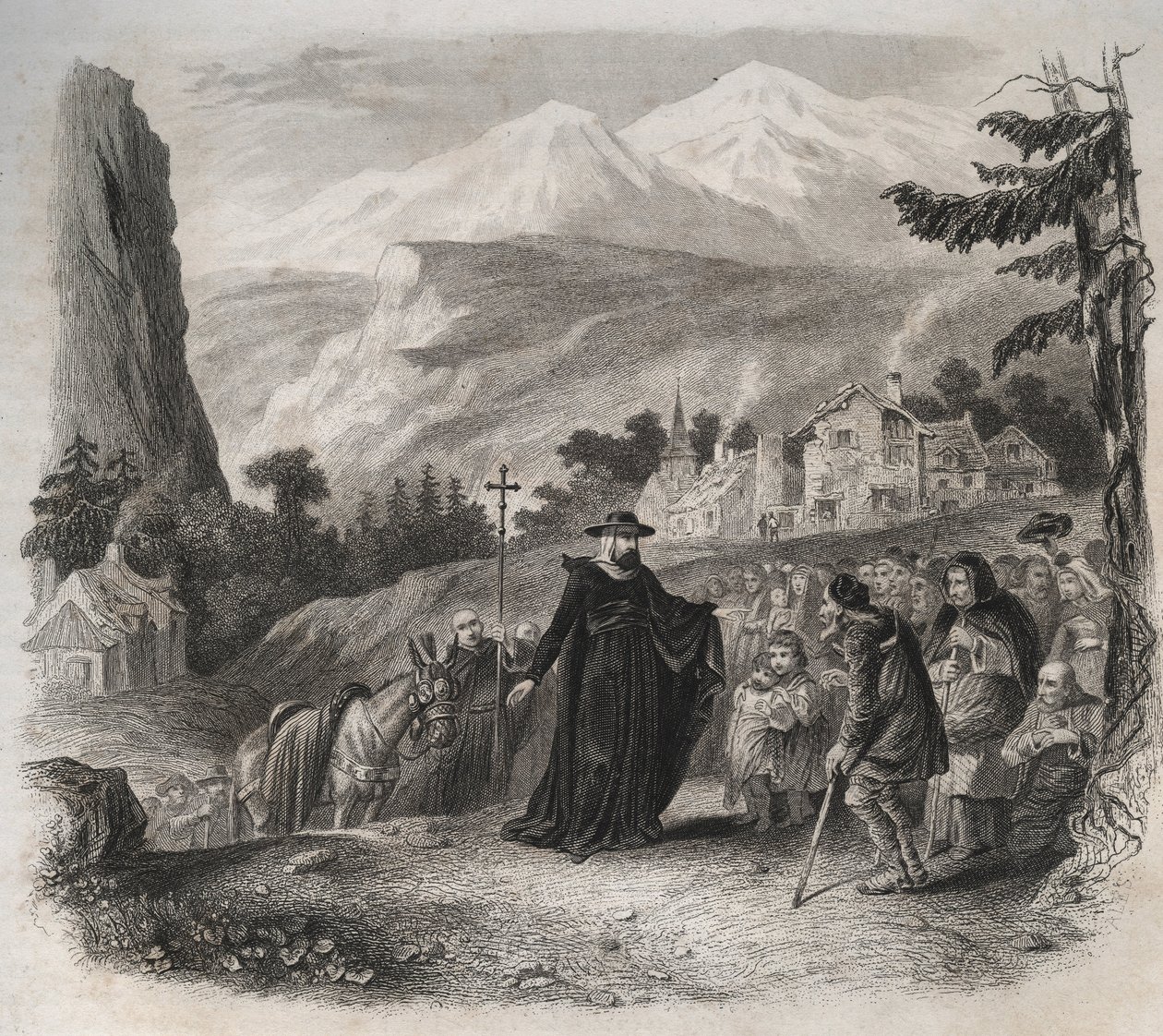 Saint Francois-de-Sales (Saint Francois de Sales) (1567-1622), eveque i Genève på et pastoralt besøg. Indgravering fra 1846 i ""De helliges liv"". Privat samling. af Anonymous Anonymous
