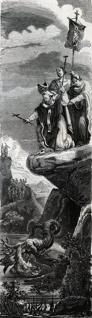 Saint Front (første evangelist af Perigord) (3. århundrede) udfælder dragen i Dordogne - Indgravering af 1846 i "" Helgenernes liv""". Privat samling. af Anonymous Anonymous
