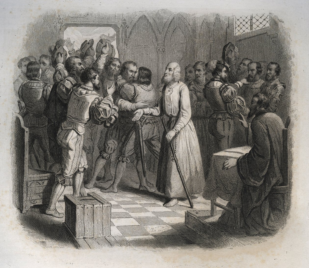Sankt Nicholas (Nicholas) af Flue eller bror Klaus (1417-1487), en schweizisk eremit, der forsoner de schweiziske konfødererede, der var ved at starte borgerkrigen. Indgravering fra 1846 i ""De helliges liv"". Privat samling. af Anonymous Anonymous