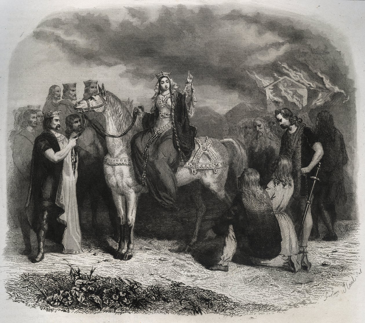 Saint Radegonde (Radegonde de Poitiers, 519-587) brændte et Paian-tempel og konverterede gallerne til den kristne religion. Indgravering fra 1846 i ""De helliges liv"". Privat samling. af Anonymous Anonymous
