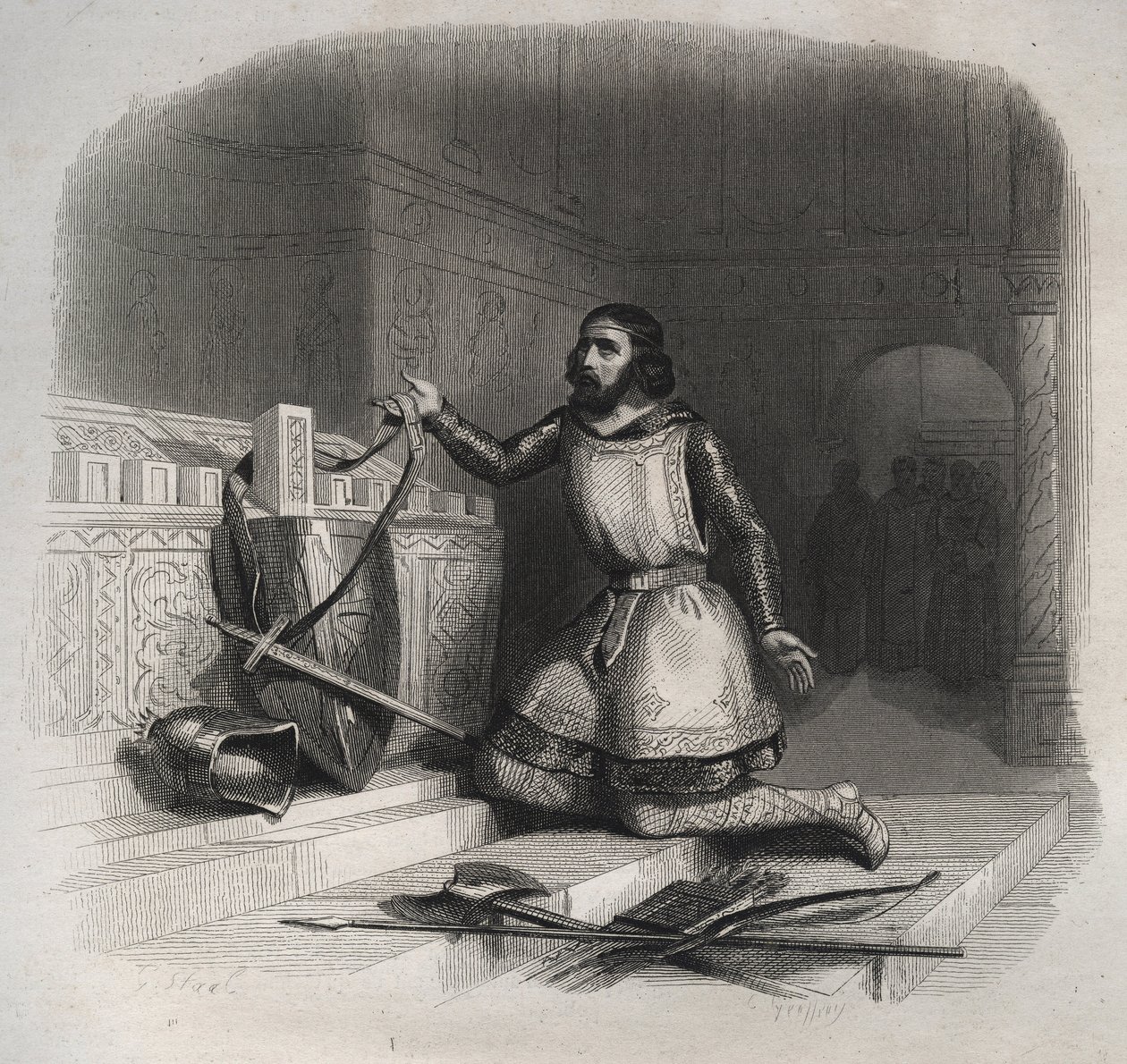 Sankt Vilhelm af Aquitaine (Guilhem af Gellone) (ca. 750/755-812/815) placerer sine våben på Sankt Julians Martyrs grav i Brioude. Indgravering fra 1846 i ""De helliges liv"". Privat samling. af Anonymous Anonymous