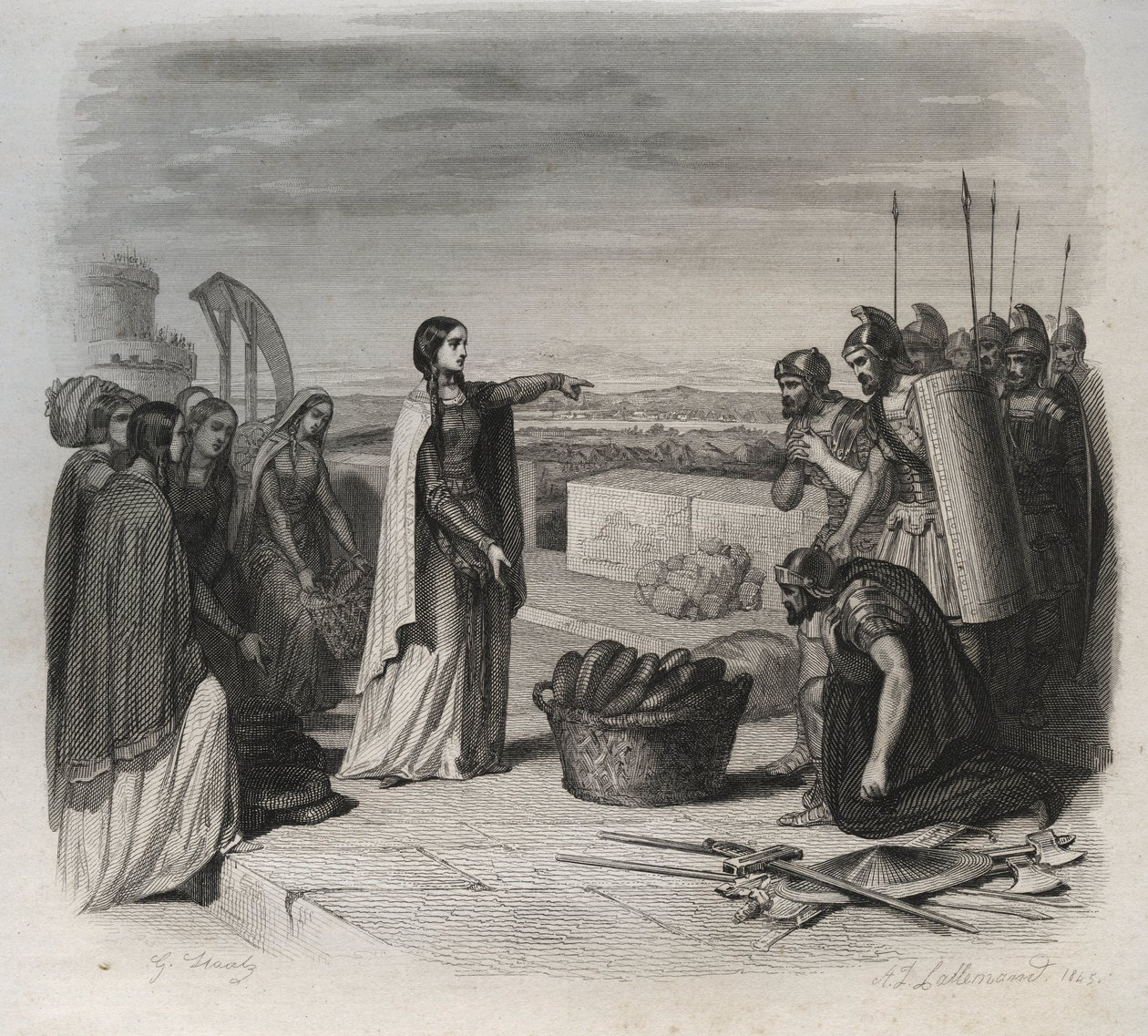 Sainte Genevieve uddelte mad til folket under belejringen af Paris af Hunnernes hær af Attila i 451 (barbariske invasioner). Indgravering fra 1846 i ""De helliges liv"". Privat samling. af Anonymous Anonymous